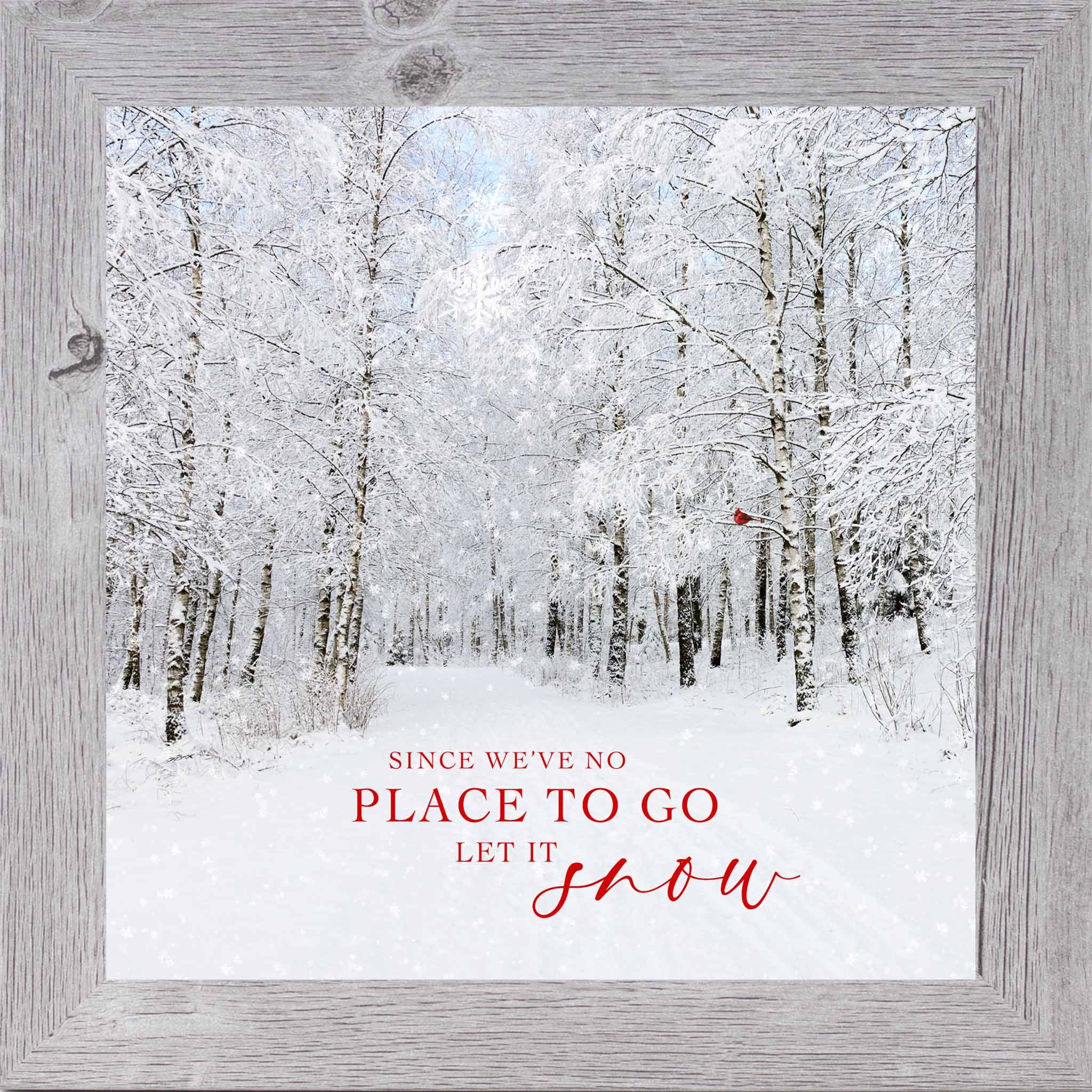 Winter snowy forest wall art with red cardinal in birch trees and red Let It Snow lyrics, square framed Christmas winter decor by Summer Snow