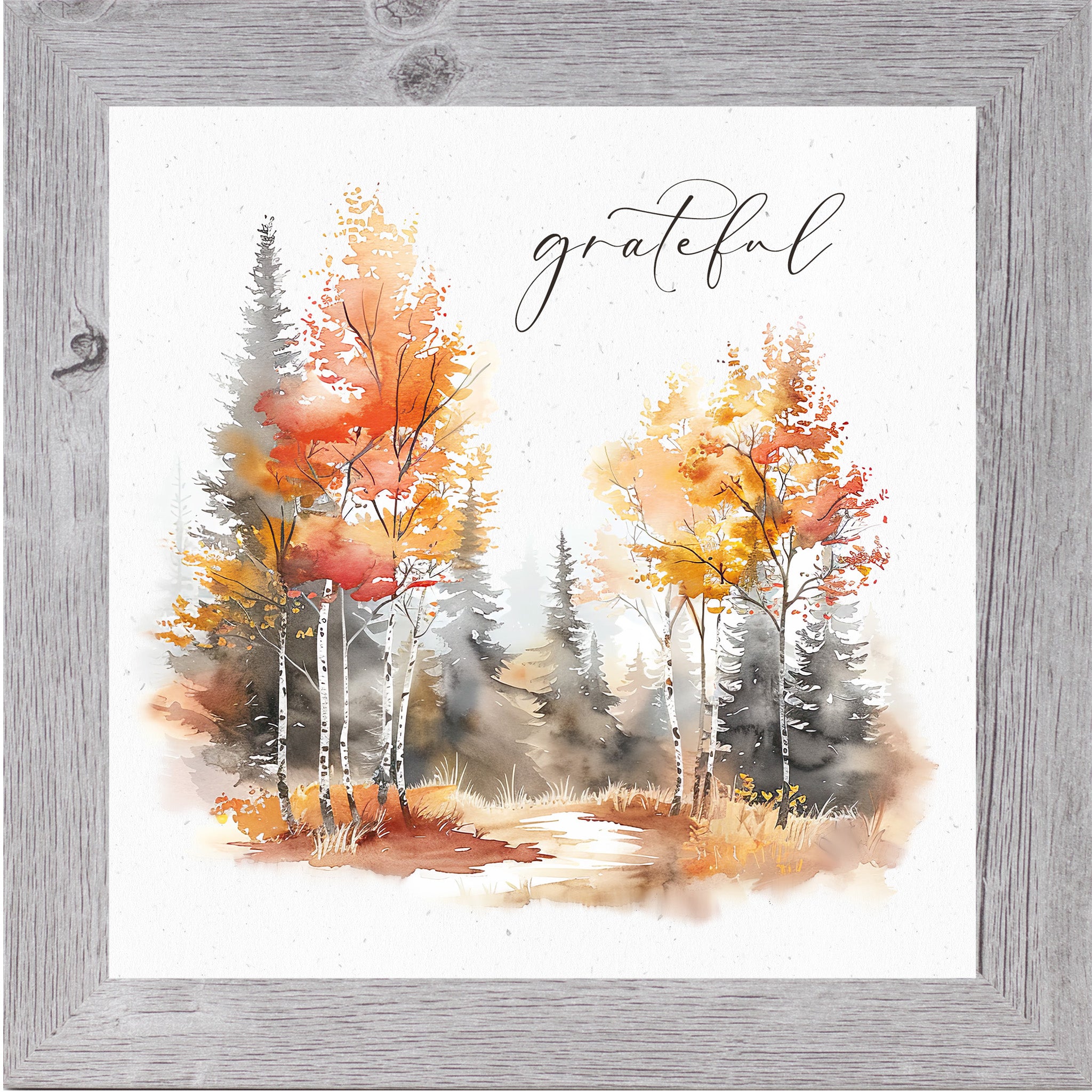 Gray framed square fall wall art featuring watercolor autumn birch pine and deciduous forest in vivid red orange and gold tones with elegant script word Grateful on soft white background — SN171