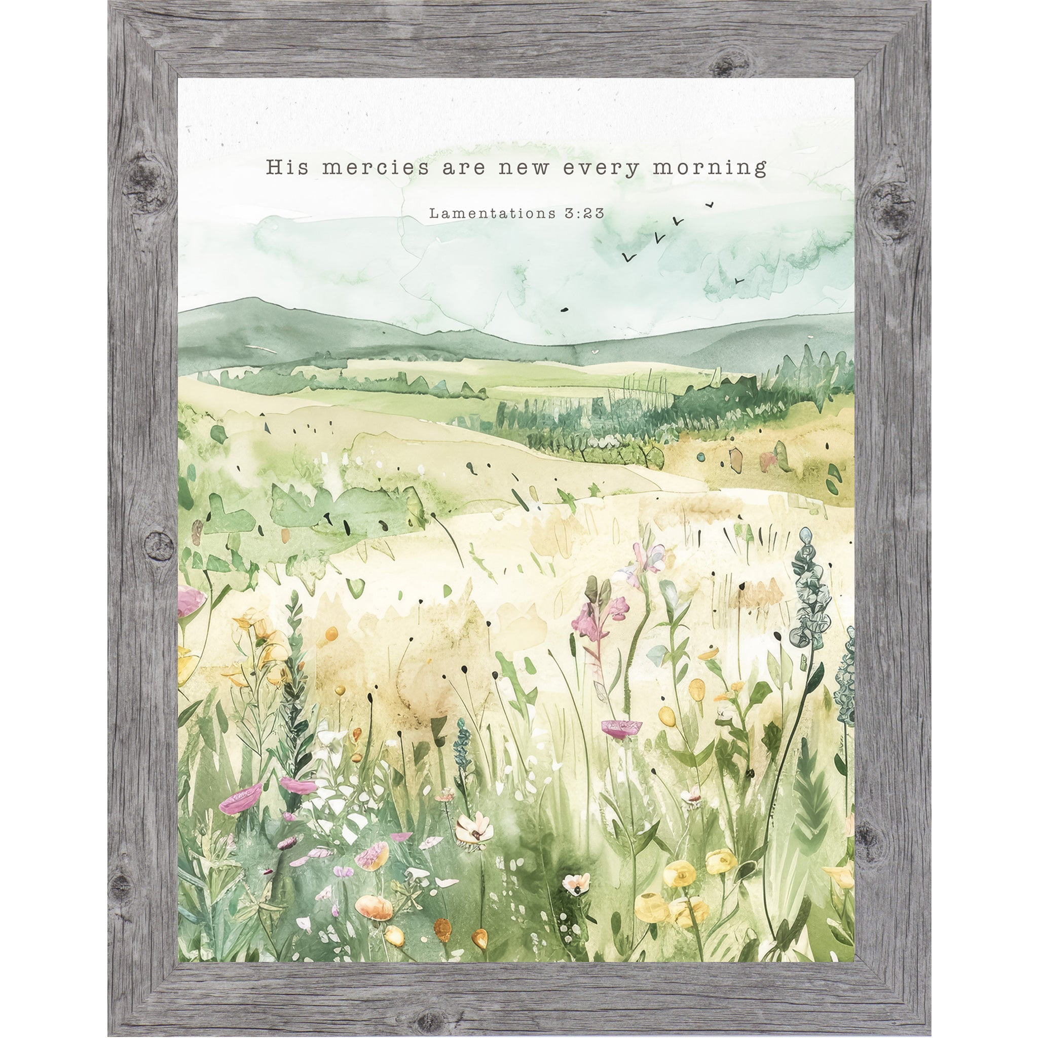 Watercolor meadow wall art with soft green fields and wildflowers featuring the Bible verse His mercies are new every morning from Lamentations 3:23