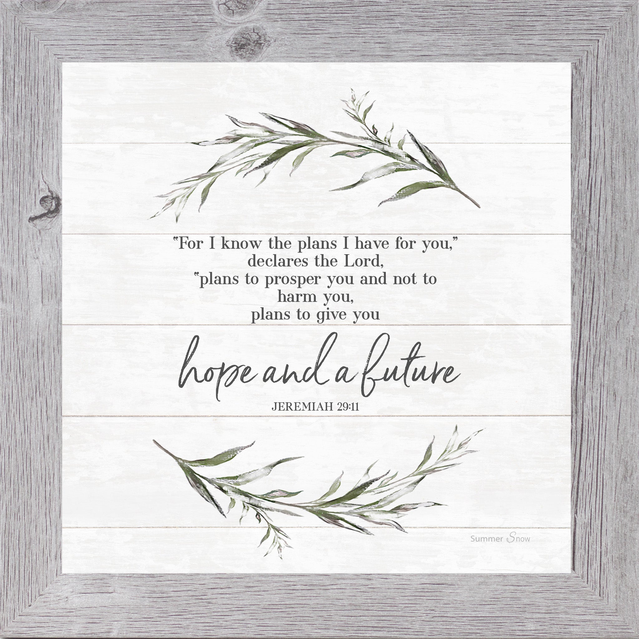 Gray framed square Christian scripture wall art on shiplap white background with watercolor eucalyptus branches and full Jeremiah 29:11 verse ending in hope and a future — SS911