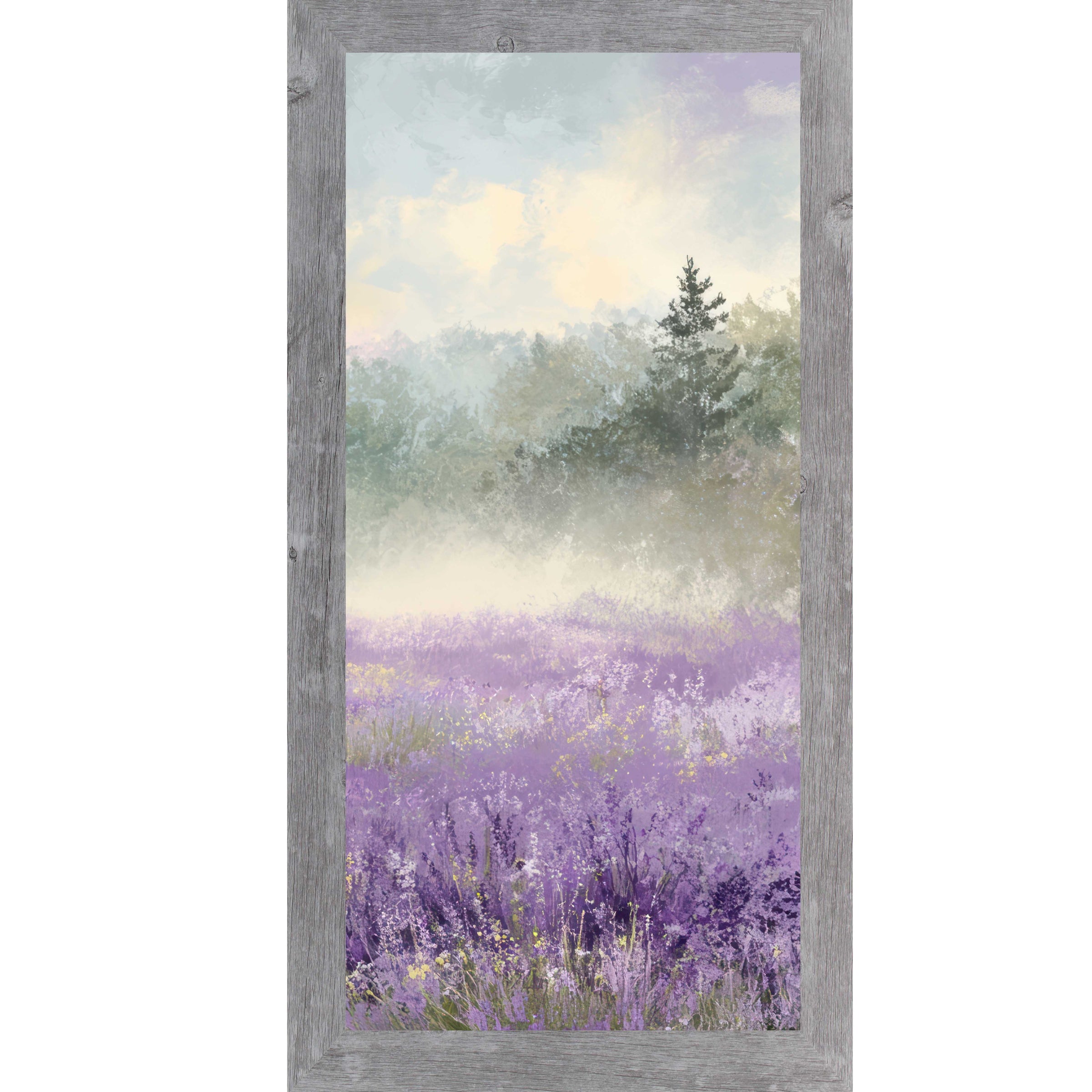 Gray framed tall portrait floral wall art featuring a misty lavender wildflower field with a single dark evergreen tree upper right and warm golden light breaking through a soft blue sky — Lavender Field Right Panel SB747
