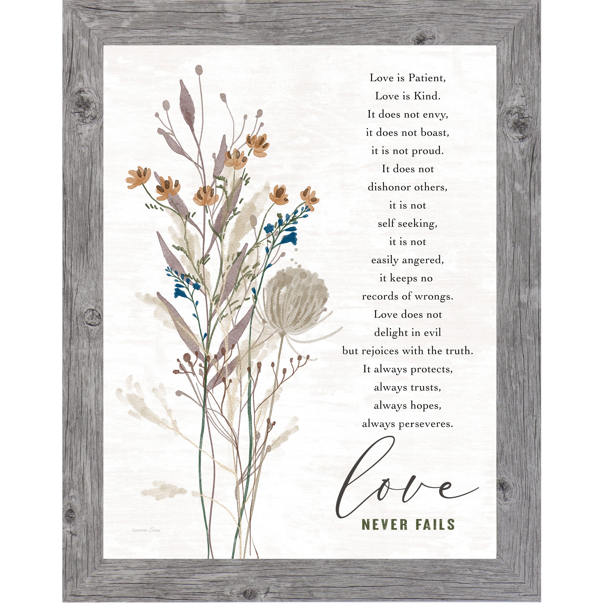 Gray framed portrait Christian wall art featuring watercolor wildflower botanicals with the full 1 Corinthians 13 scripture and the words "love Never Fails" — SA388