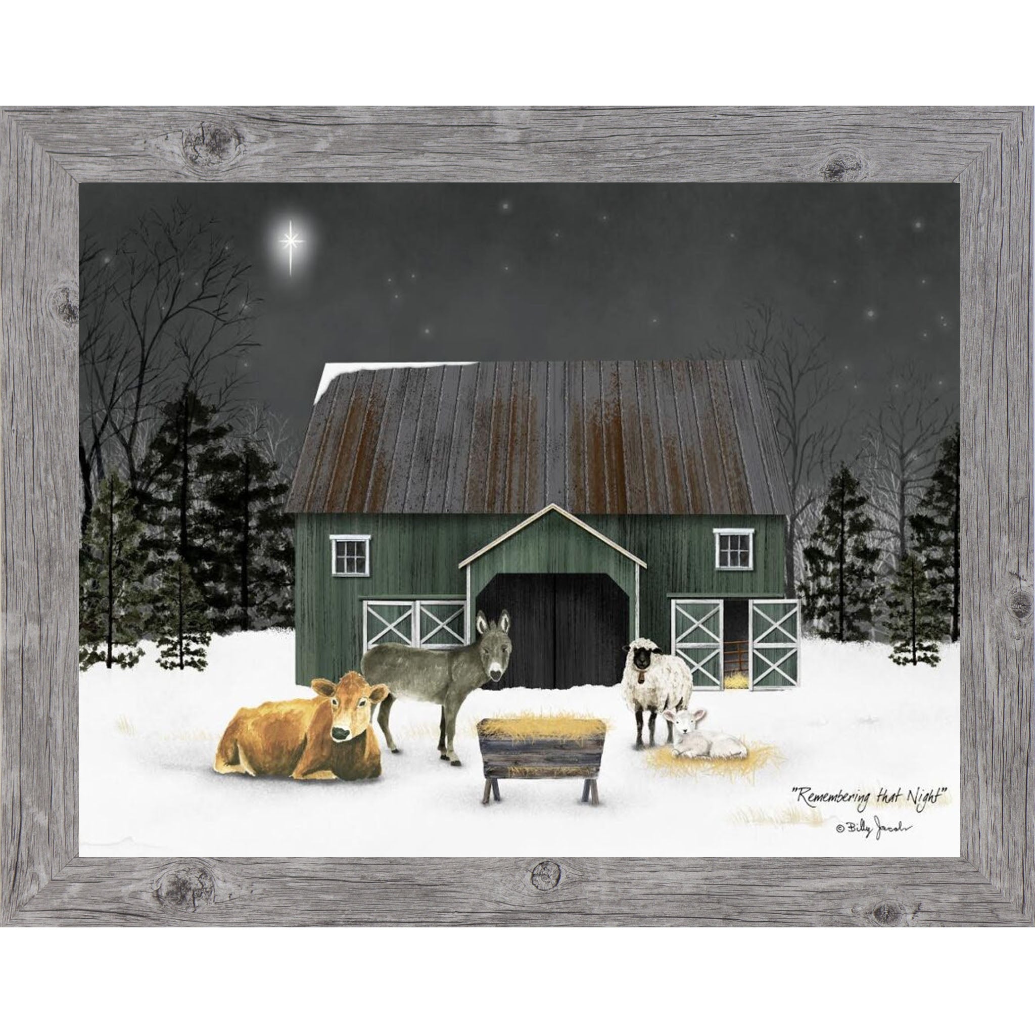 Gray framed landscape Billy Jacobs wall art print of a green barn on a snowy Christmas night with a cow, donkey, and sheep gathered under a brilliant star titled "Remembering That Night"