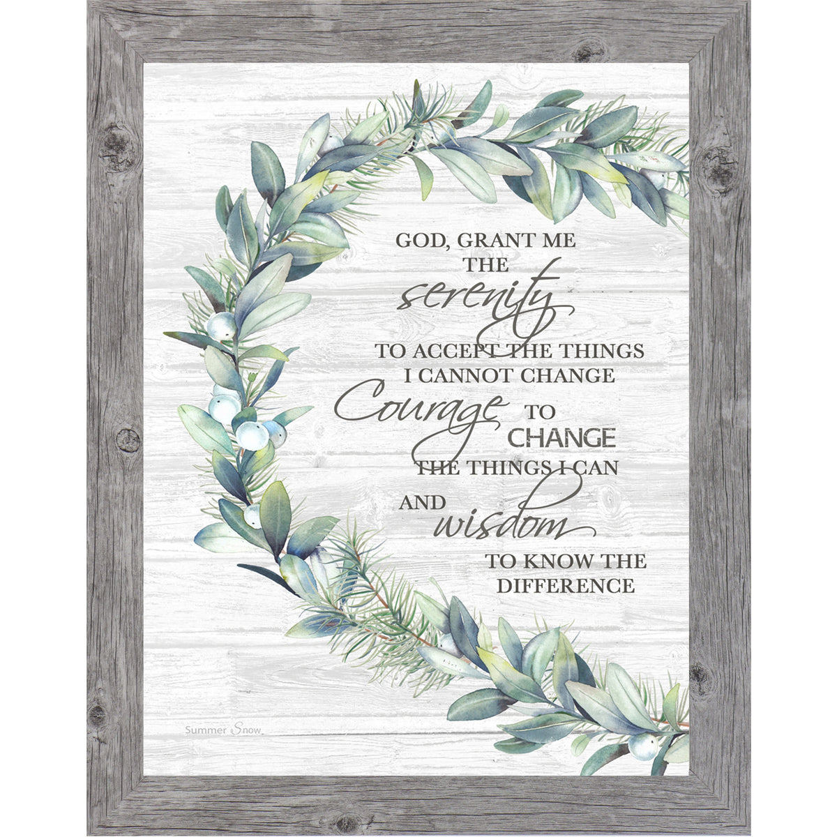 Gray framed portrait Serenity Prayer wall art with lush green eucalyptus botanical wreath on white woodgrain background with the words "God Grant Me the Serenity to Accept the Things I Cannot Change"