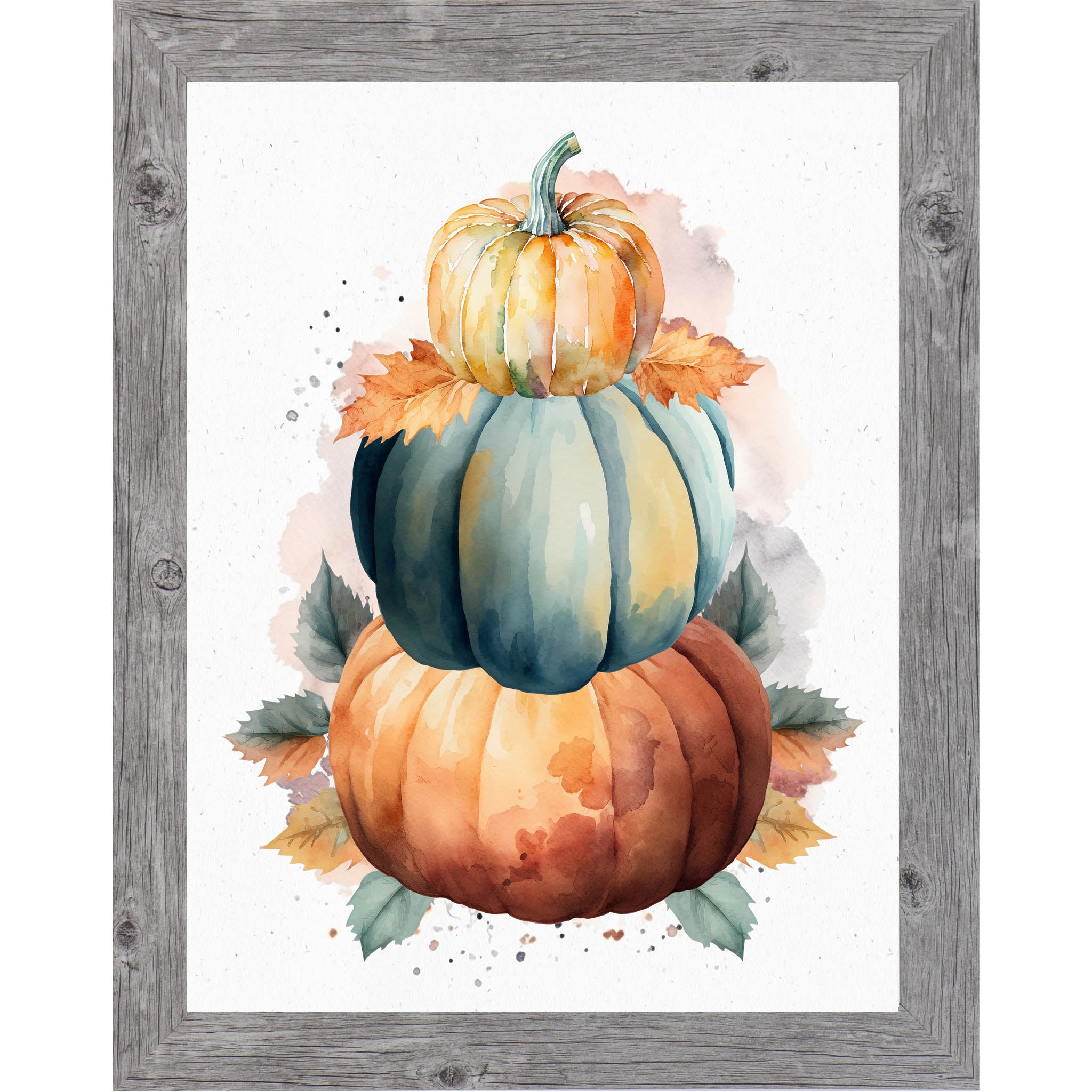 Gray framed portrait fall wall art featuring three stacked watercolor pumpkins in bold orange teal and golden yellow with amber green and rust fall leaves on soft white background — NS393