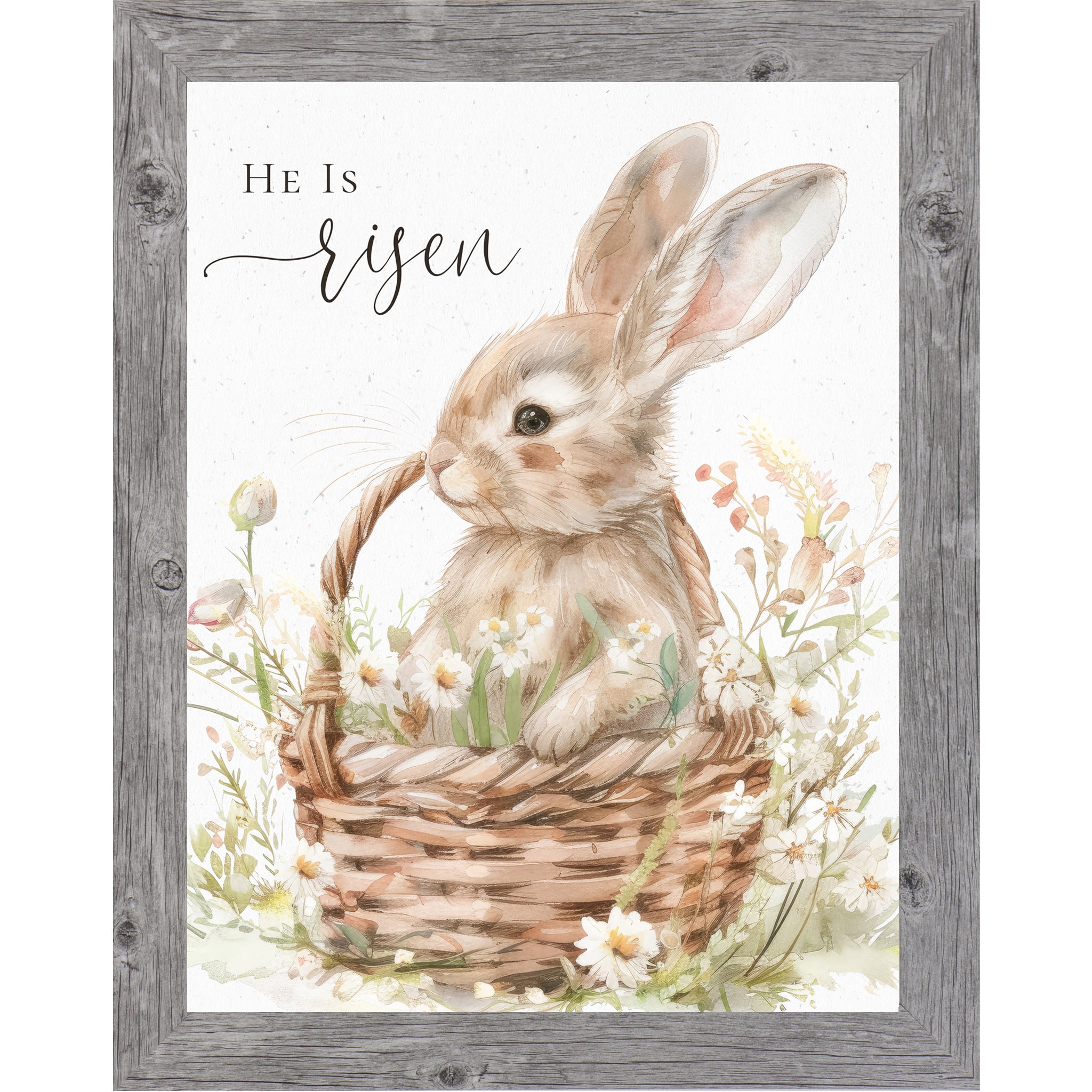 He Is Risen Easter Wall Art – Watercolor Bunny in Floral Basket, Christian Spring Decor (SB155)
