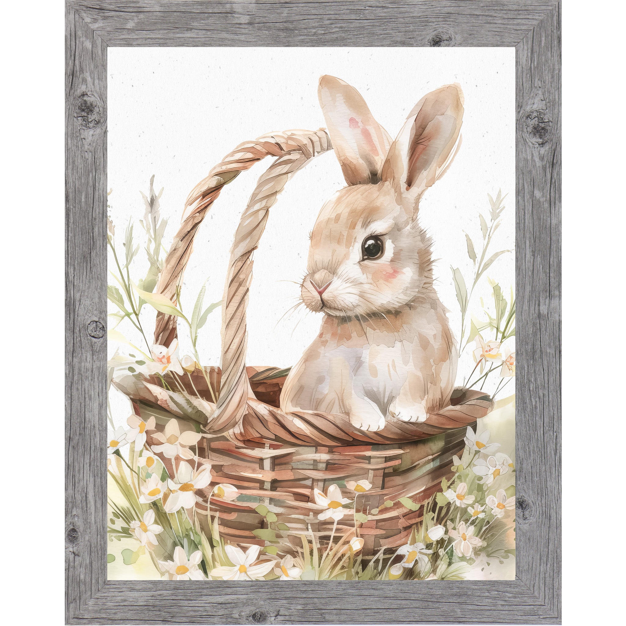 Spring Bunny in Basket Wall Art – Watercolor Rabbit with Floral Accents, Neutral Easter & Nursery Decor (SB154) - Summer Snow Art