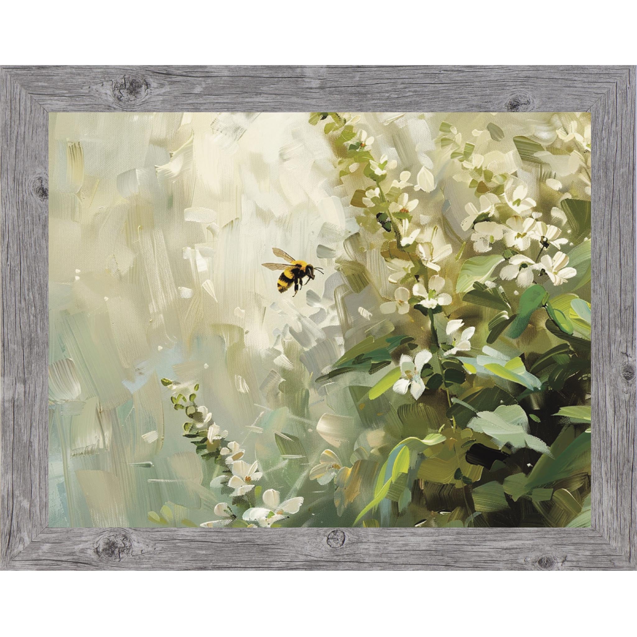 Neutral Floral Bee Wall Art – Soft Botanical Spring Framed Decor (SB144) - Summer Snow Art