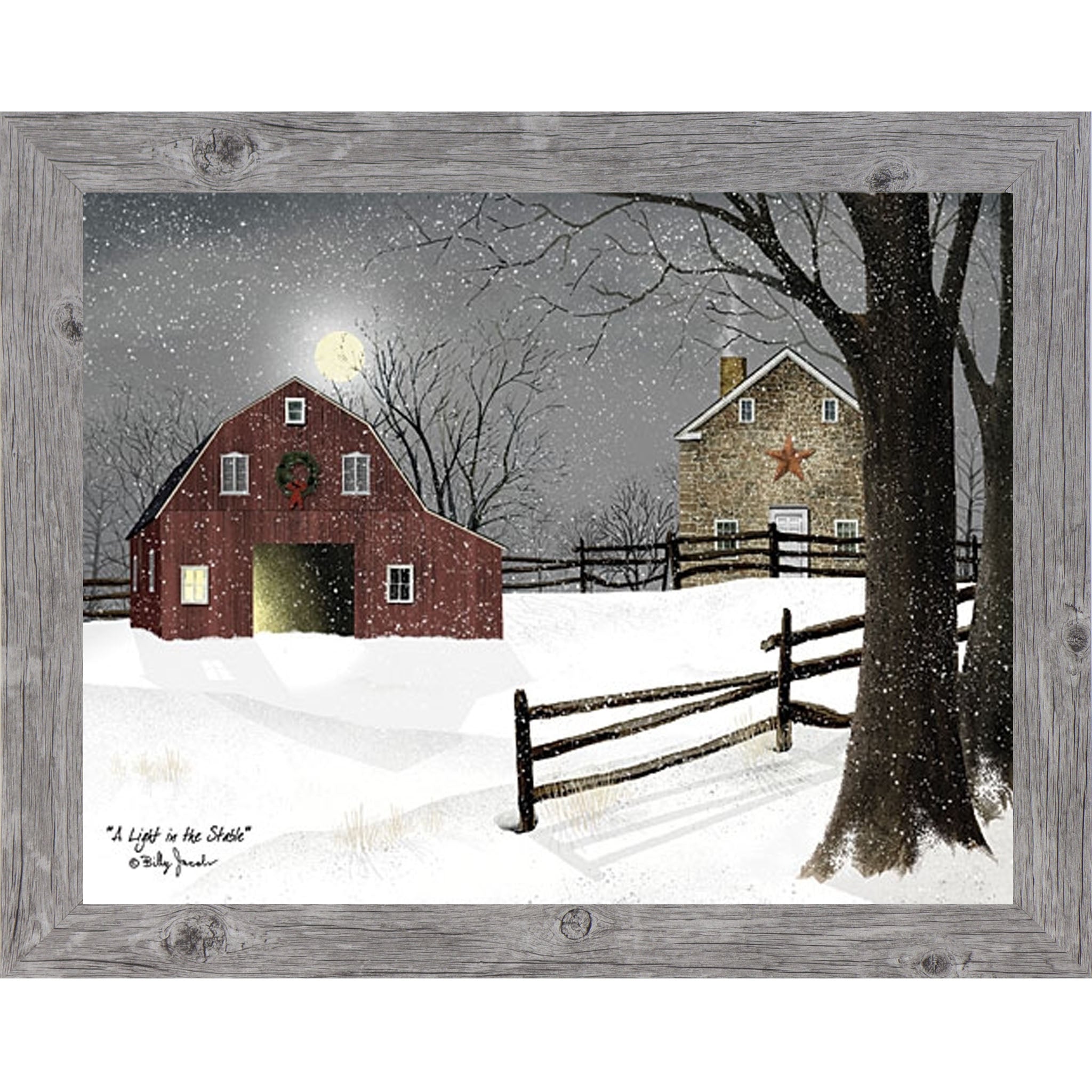 A Light in the Stable – Winter Farm Framed Wall Art by Billy Jacobs | Christmas & Americana Decor (BJ1068) - Summer Snow Art