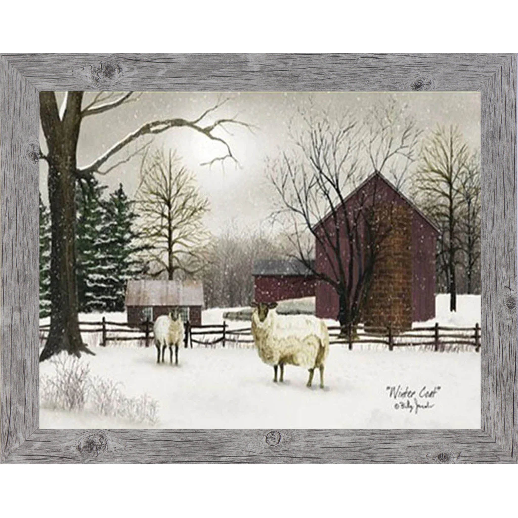 Winter Coat by Artist Billy Jacobs – Winter Farm Barn Framed Wall Art with Sheep (BJ185) - Summer Snow Art