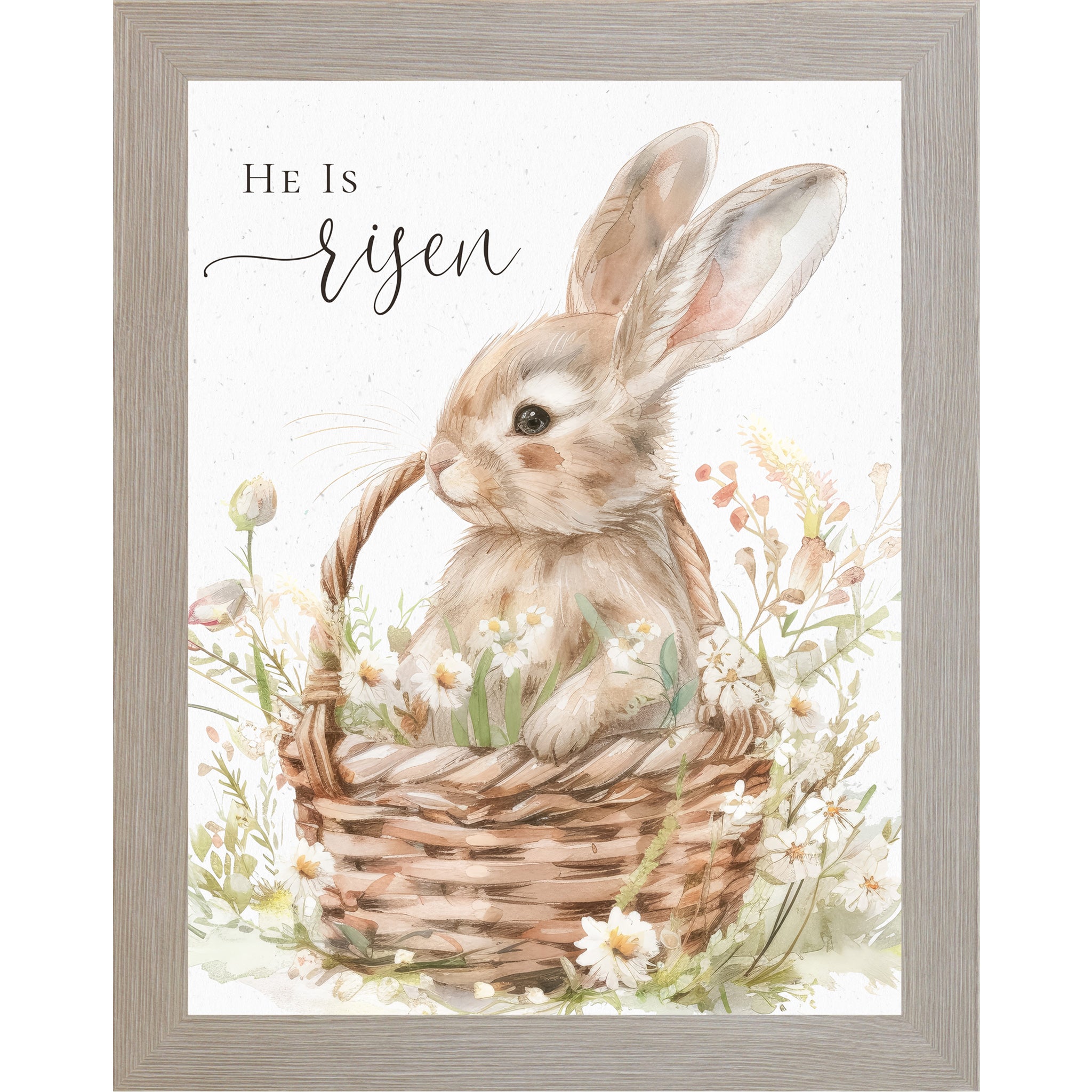 Watercolor Easter bunny sitting in a floral basket with the words He Is Risen, Christian spring wall art