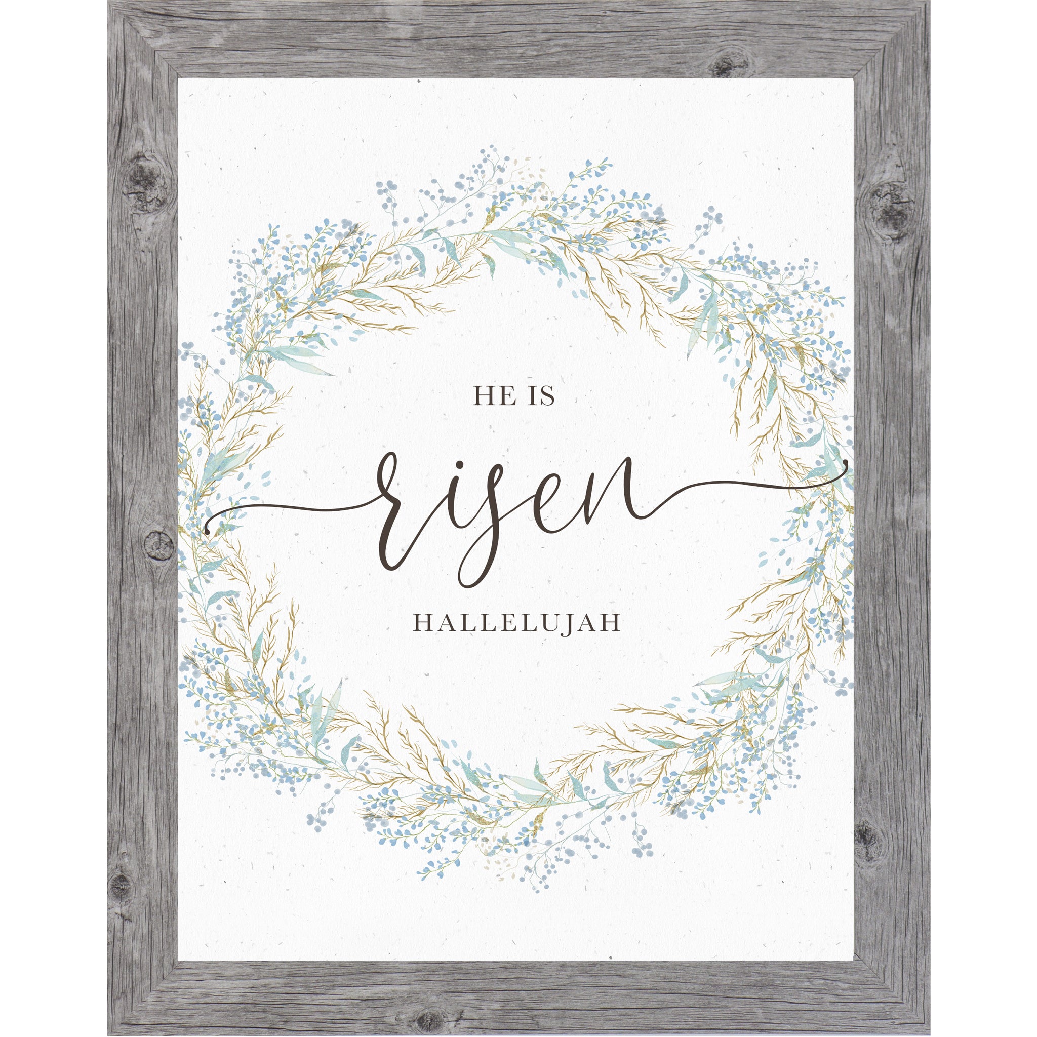 Vertical Christian Easter wall art featuring a blue and green watercolor floral wreath with the words He Is Risen Hallelujah on a neutral background.