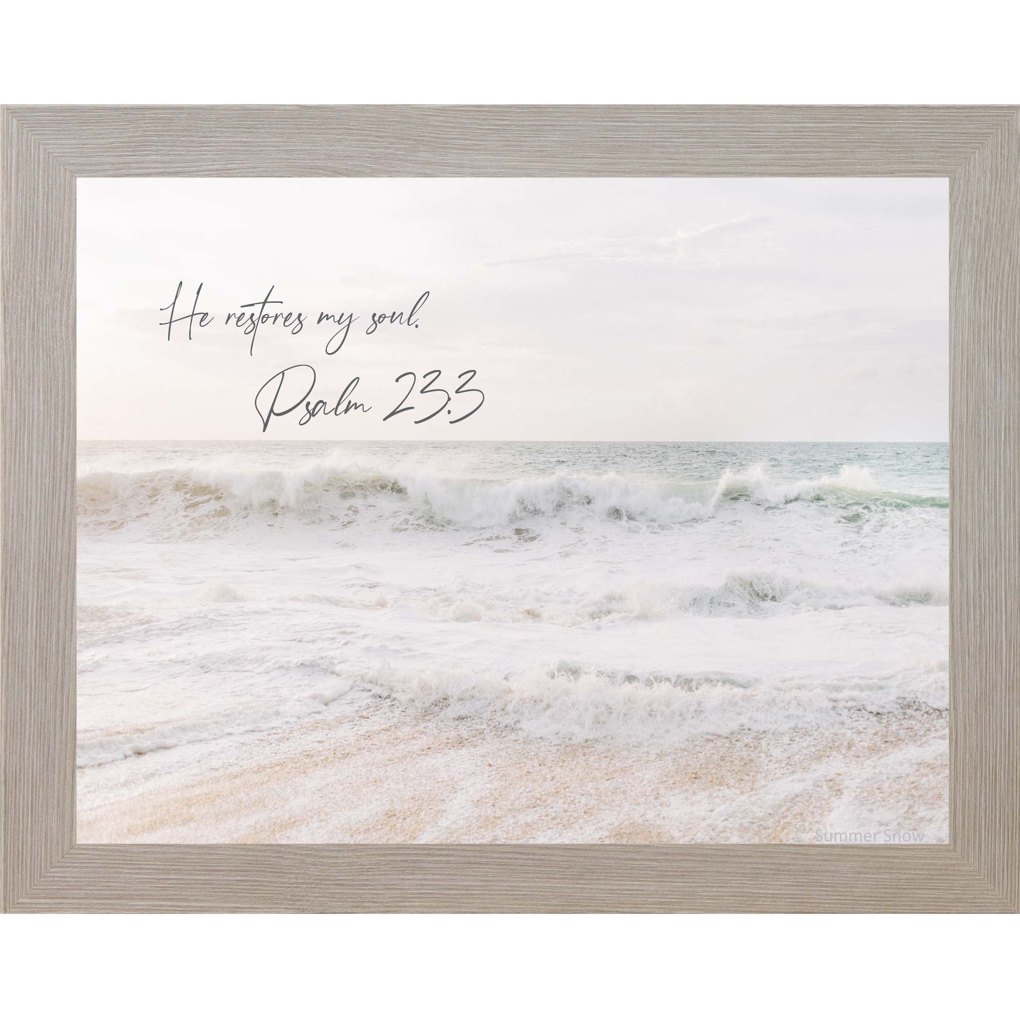 Christian beach wall art featuring ocean waves washing onto a sandy shoreline at sunrise with the scripture “He Restores My Soul – Psalm 23:3” written at the top in soft script lettering.