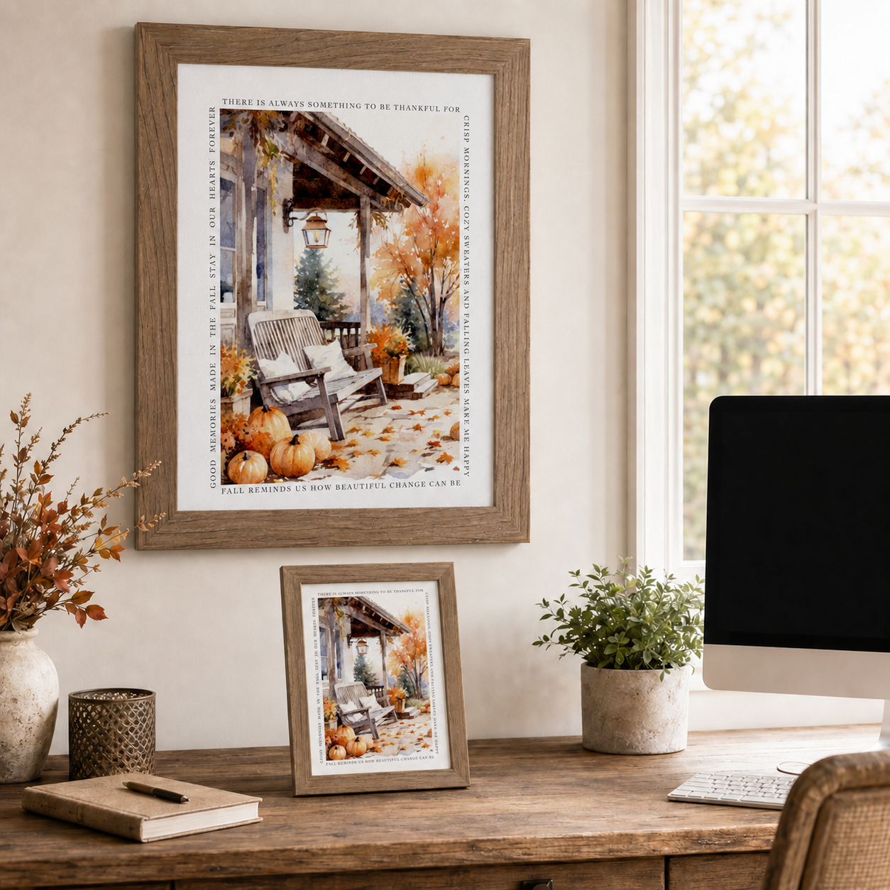 Farmtable framed Fall Porch autumn quote border wall art SN388 displayed large on home office wall beside window with fall view — fall branches in vase and 8x10 easel back on wood desk — watercolor farmhouse porch with Adirondack chair pumpkins lantern and orange maple trees surrounded by fall quote border