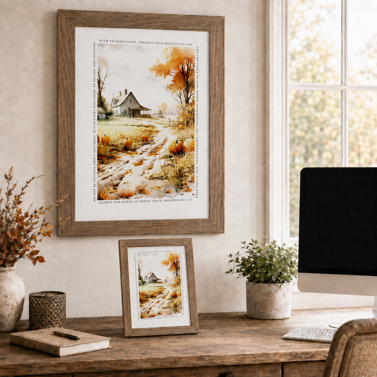 Farmtable framed Philippians 4:6-7 Do Not Be Anxious fall farm lane scripture wall art SN390 displayed large on home office wall beside window with fall view — fall branches in vase and 8x10 easel back on wood desk — watercolor farm lane with pumpkins barn and orange maple trees surrounded by complete Philippians 4:6-7 scripture border