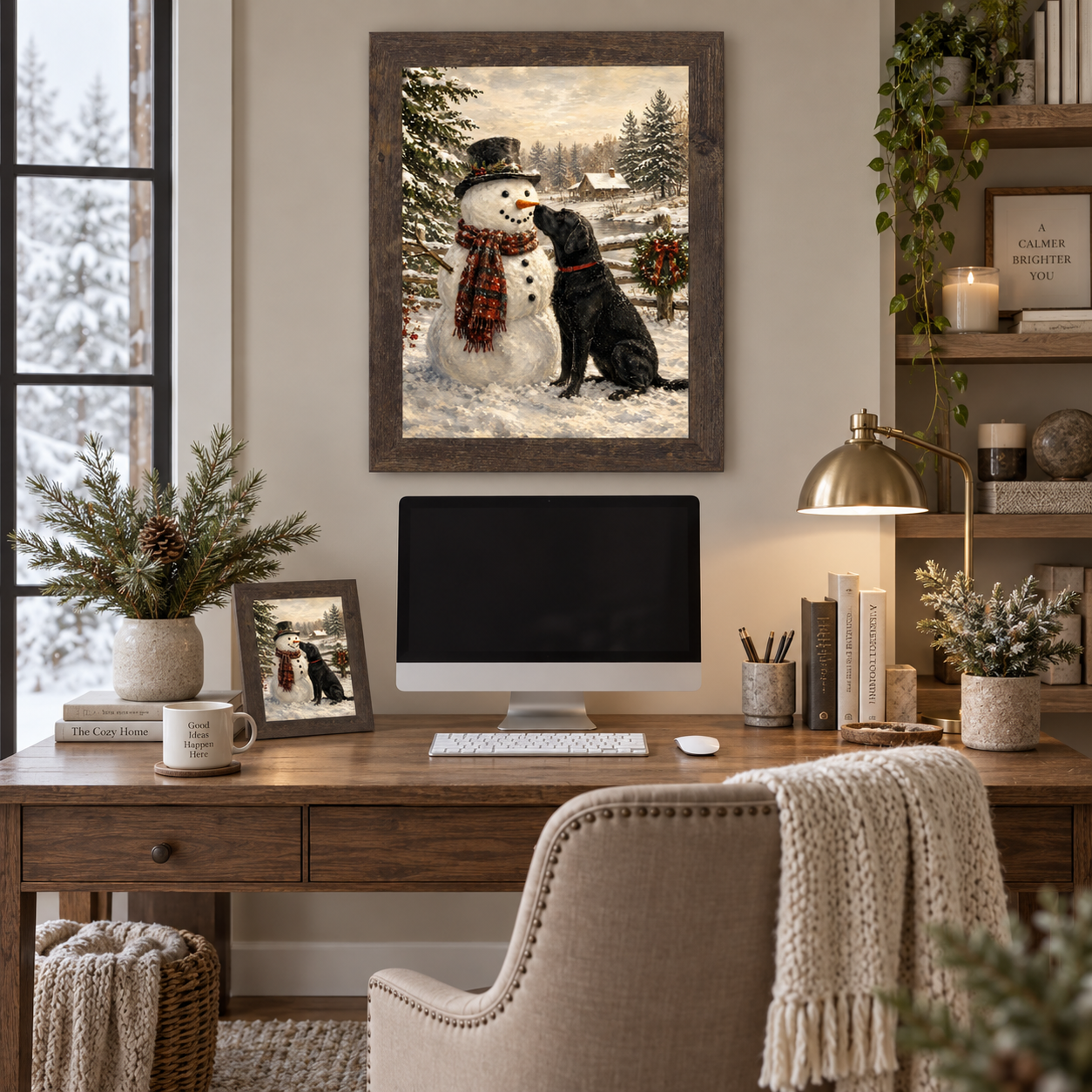 Natural brown framed heritage Christmas wall art of a black Labrador and snowman displayed above a home office desk with a computer monitor, brass lamp, pine branches in a vase, and a matching smaller piece on an easel with books and a coffee mug