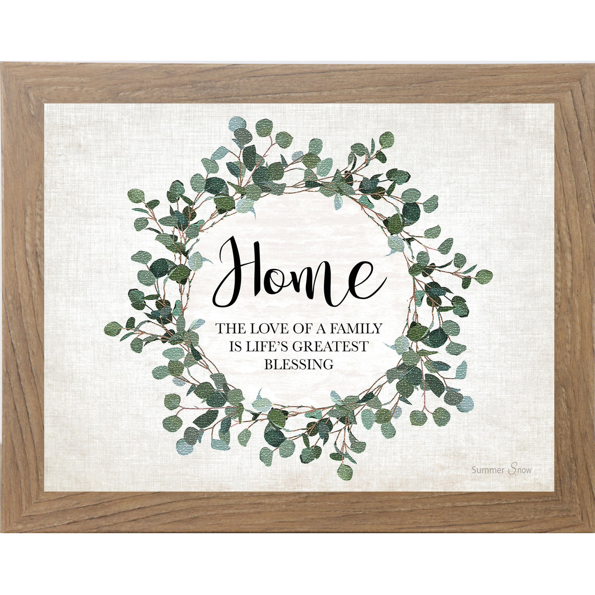 Framed home wall art featuring a soft green floral wreath on an off-white background with the words Home and The love of a family is life’s greatest blessing