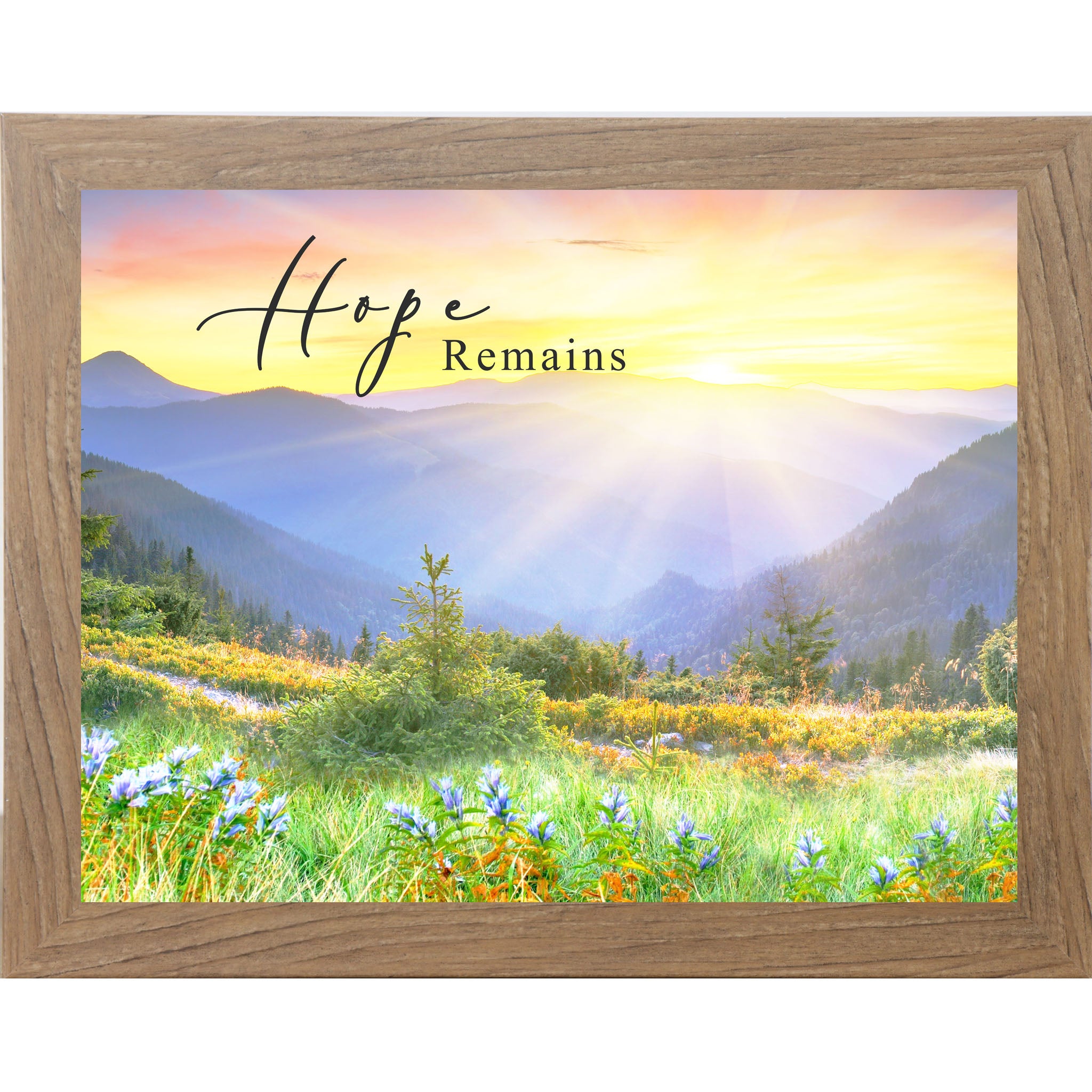 Bright mountain landscape wall art with soft sunlight, rolling hills, evergreen trees, and the words “Hope Remains” in elegant script, framed rustic nature decor by Summer Snow