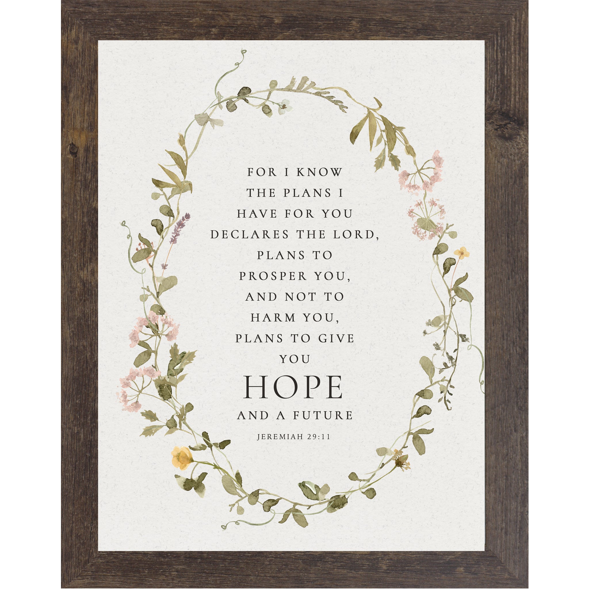 Christian wall art featuring Jeremiah 29:11 “Hope and a Future” surrounded by a soft watercolor floral wreath on a neutral background