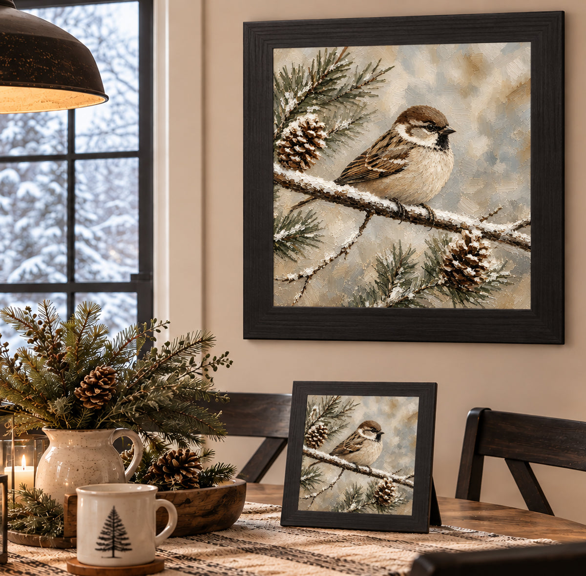 Black framed painted sparrow wall art displayed in a farmhouse dining room with a pine and pinecone centerpiece in a stoneware pitcher, a lit lantern candle, and a matching smaller piece on an easel with a tree-print mug on a woven table runner