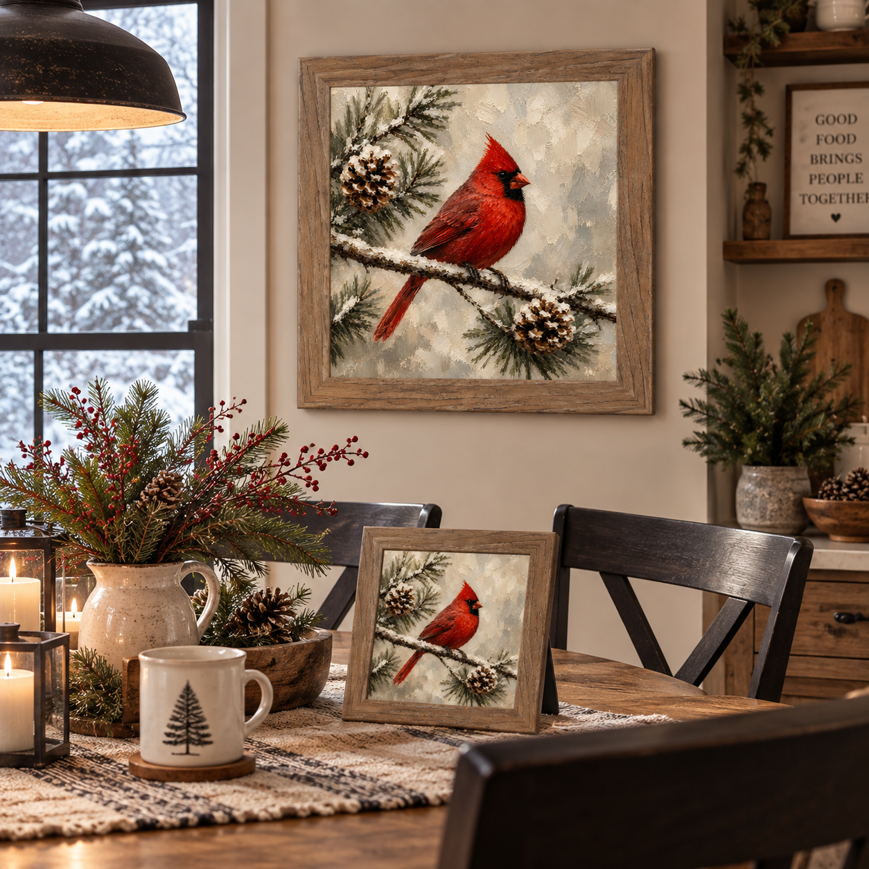 Farmtable framed painted cardinal wall art displayed above a farmhouse dining table with a pine and red berry centerpiece, lanterns, a pinecone bowl, and a matching smaller piece on an easel with a tree-print mug and woven placemat