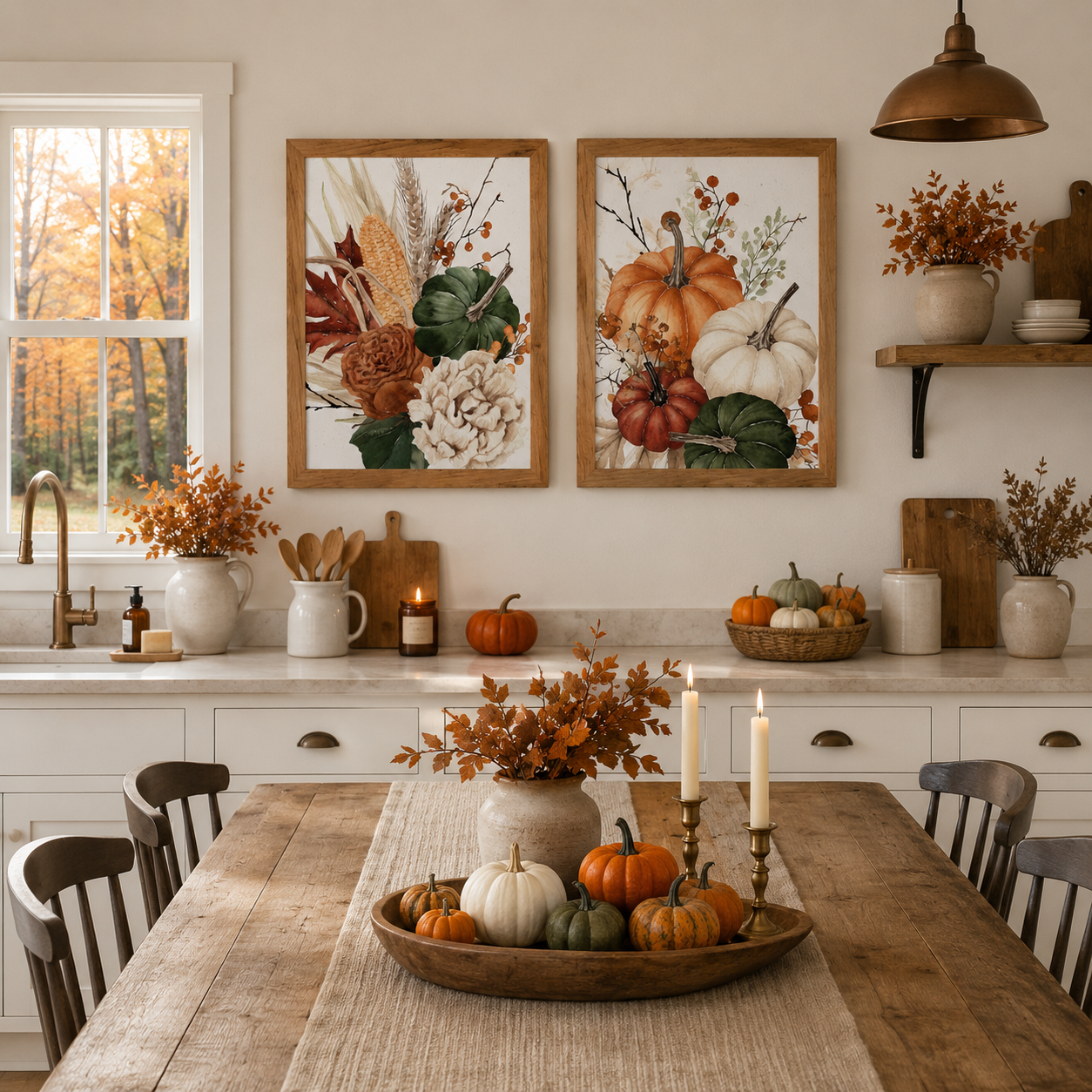 Farmhouse kitchen dining room with Harvest Bouquet SB251 on the left and Pumpkin Bouquet SB252 on the right in farmtable frames above the counter — autumn pumpkins corn wheat and florals watercolor art