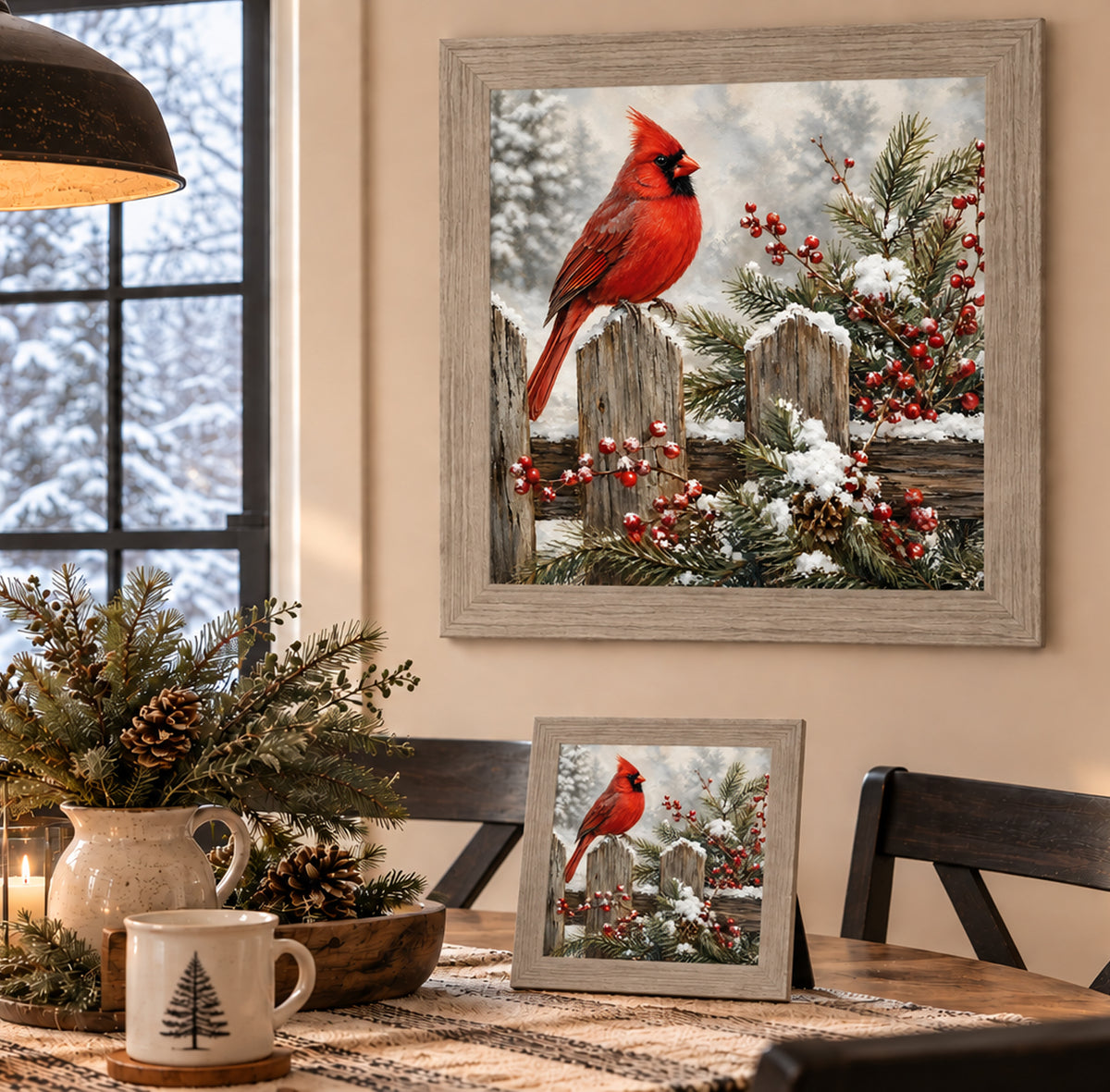 Monte Carlo framed painted cardinal wall art displayed in a farmhouse dining room with a pine and pinecone centerpiece in a stoneware pitcher, a lit lantern candle, and a matching smaller piece on an easel with a tree-print mug on a woven table runner
