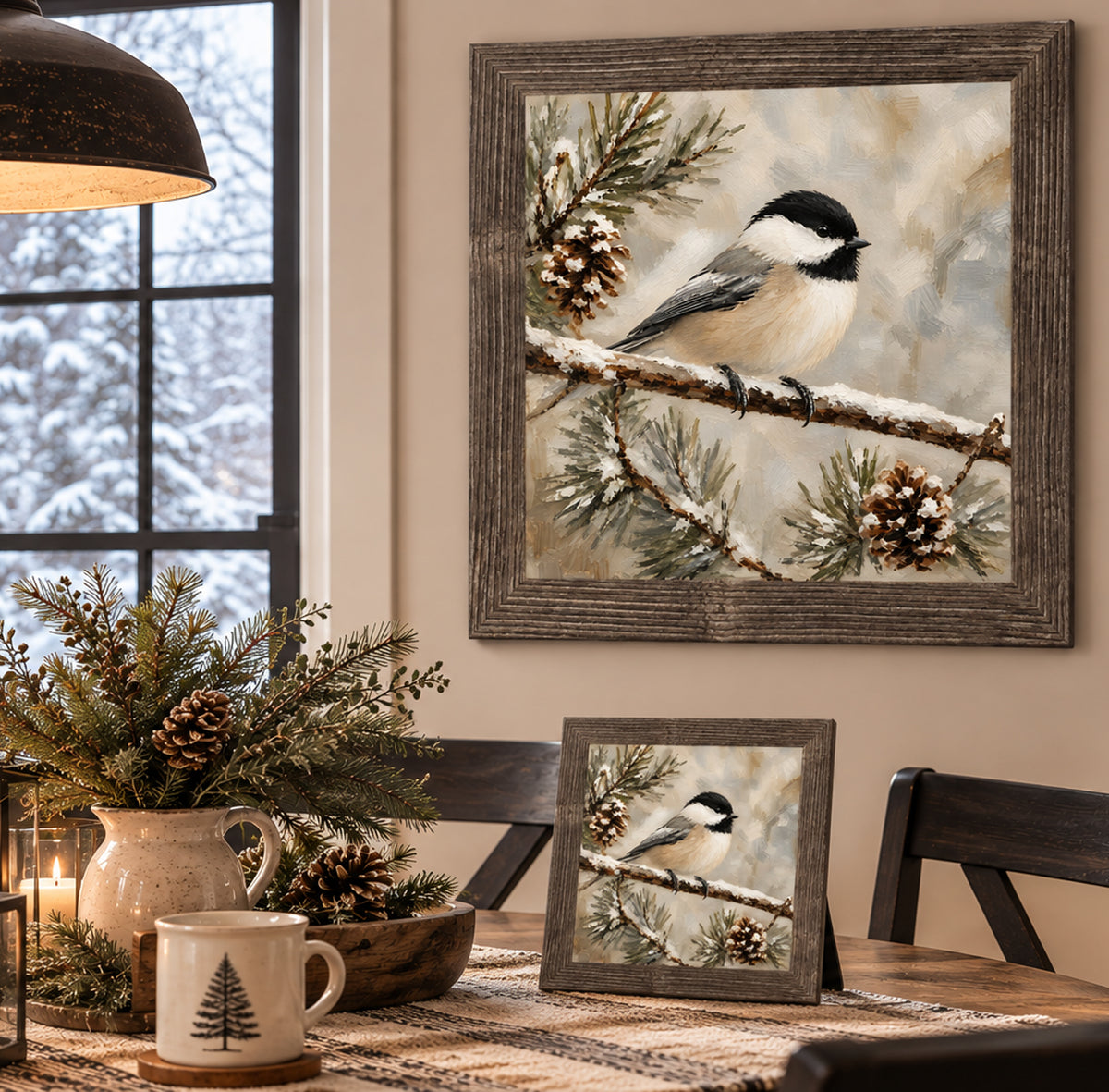 Natural brown framed painted chickadee wall art displayed in a farmhouse dining room with a pine and pinecone centerpiece in a stoneware pitcher, a lit lantern candle, and a matching smaller piece on an easel with a tree-print mug on a woven table runner