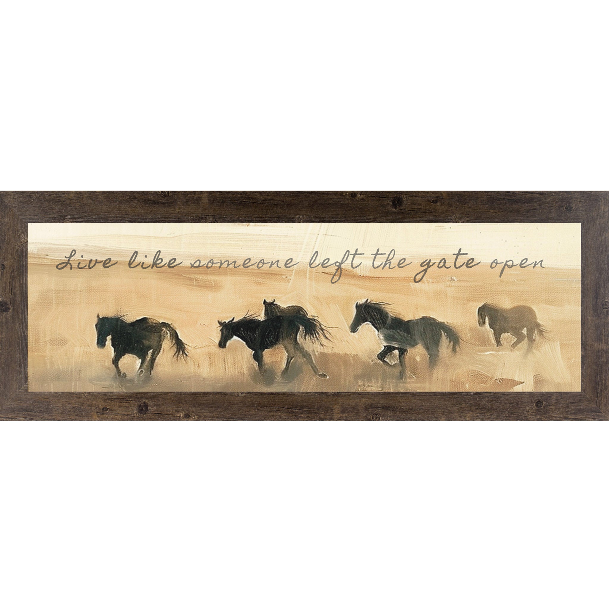 Wide framed horse wall art featuring a herd of running horses at sunset with the quote “Live Like Someone Left The Gate Open” in soft handwritten lettering.