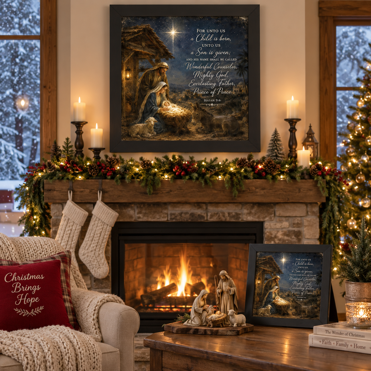 Black framed nativity Christmas wall art displayed above a garland-draped mantle with lit candles, stockings, and a fireplace fire, alongside a matching smaller piece on an easel on a coffee table styled with nativity figurines, books, and a lit candle