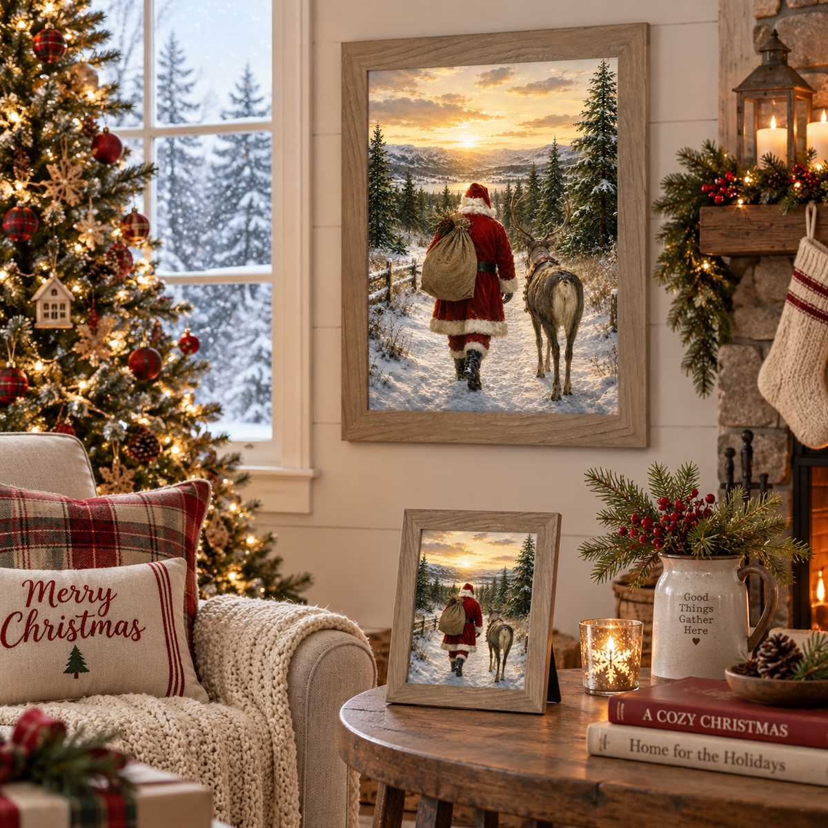 Farmtable framed heritage Christmas wall art of Santa and a reindeer walking into a golden sunrise displayed above a side table near a decorated Christmas tree, plaid and Merry Christmas pillows, a stone fireplace with stockings, and a matching smaller piece on an easel with candles and books