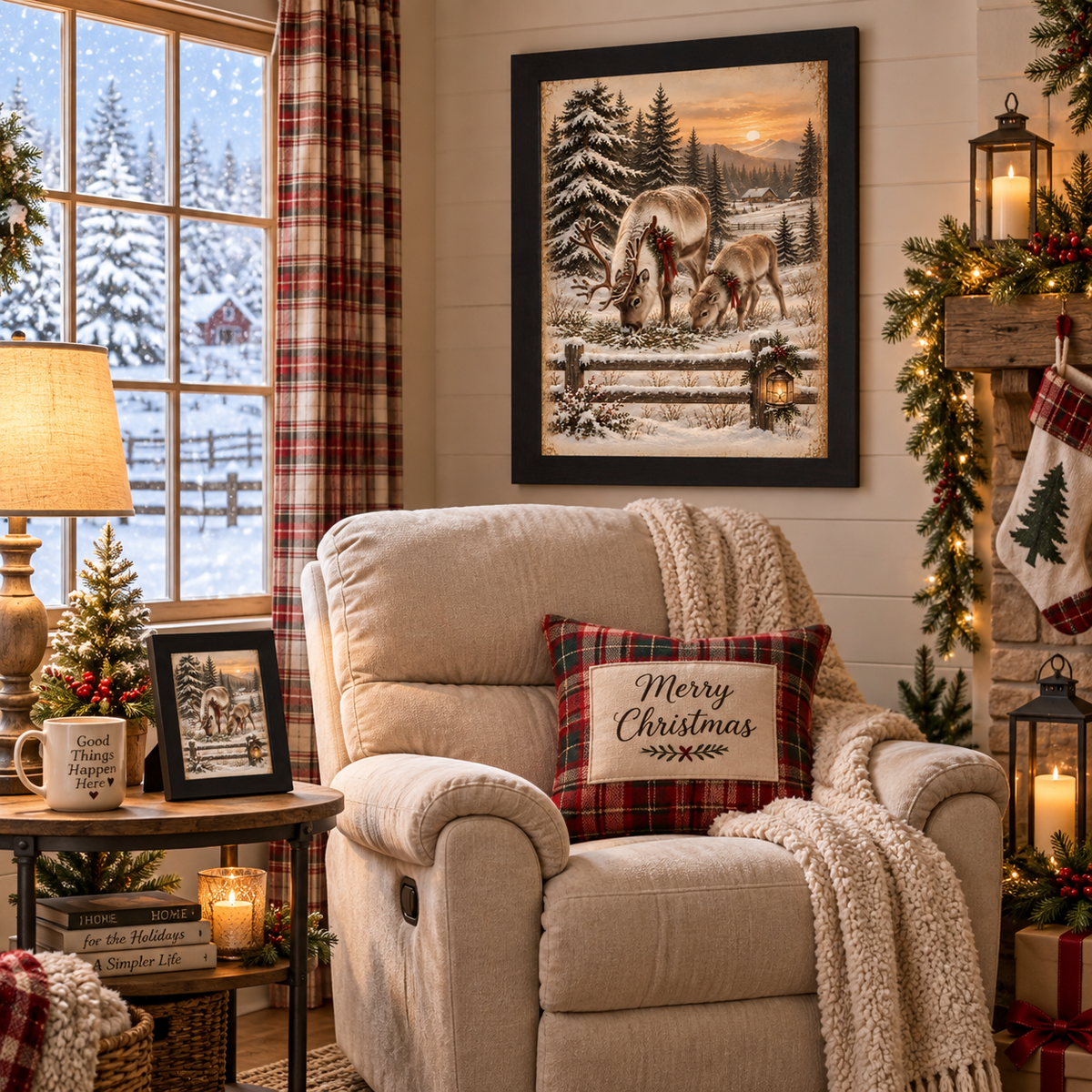 Reindeer at sunset wall art in a black frame above a Christmas armchair with plaid pillow accents