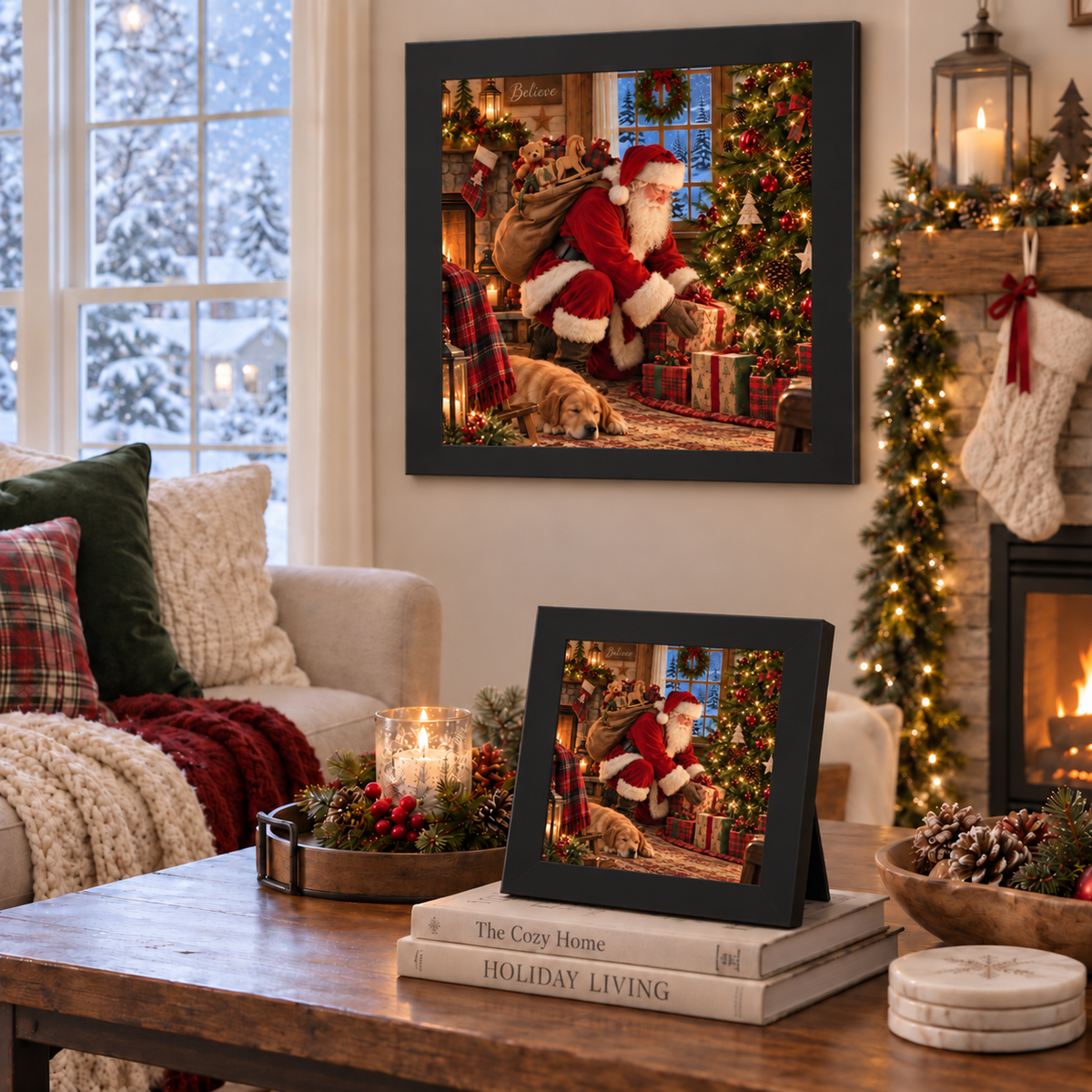Black framed Santa Claus Christmas wall art displayed above a coffee table styled with plaid and velvet pillows, a garland-draped mantle with lit stockings, and a matching smaller piece resting on stacked holiday books