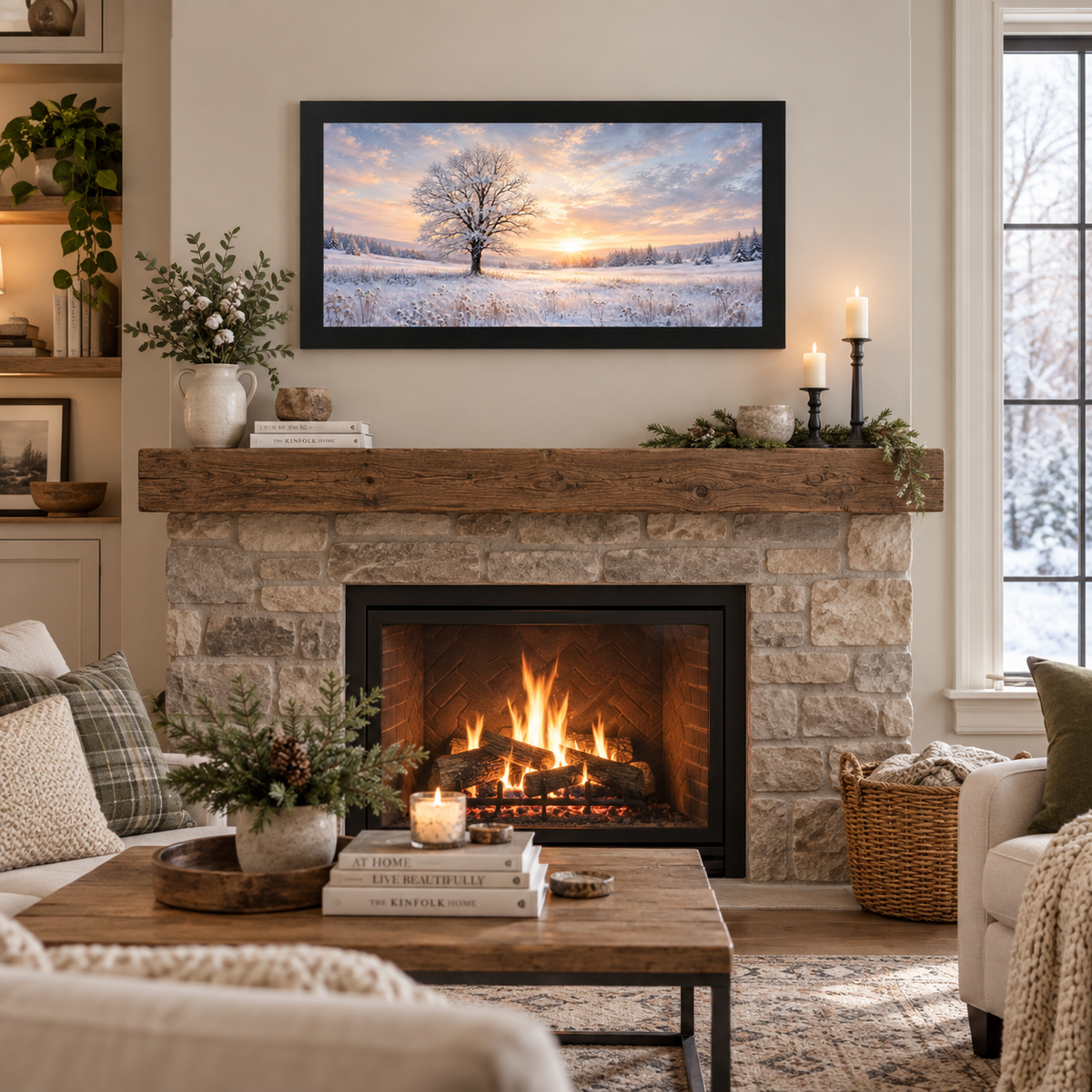 Black framed wide panoramic winter sunset tree wall art displayed above a stone fireplace mantle with candles, greenery, and a pottery vase of cotton stems, in a cozy living room with plaid pillows and a woven basket