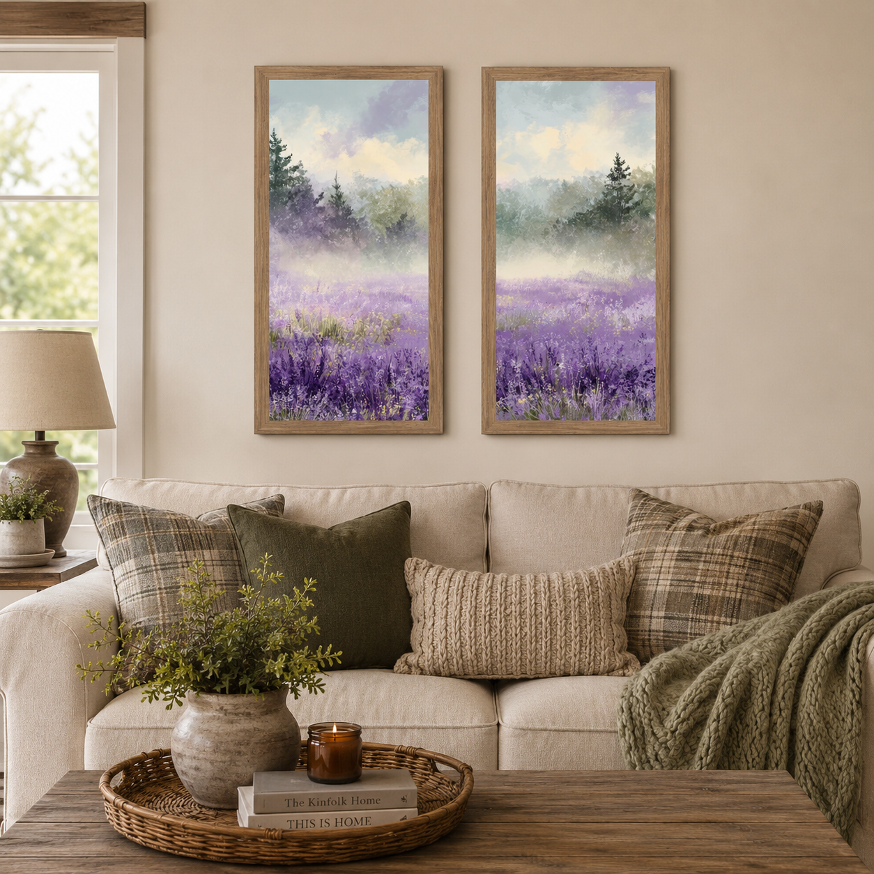 Farmhouse living room with Lavender Field Left Panel SB746 and Right Panel SB747 side by side in farmtable frames above a sofa — stunning two-piece lavender wildflower gallery wall