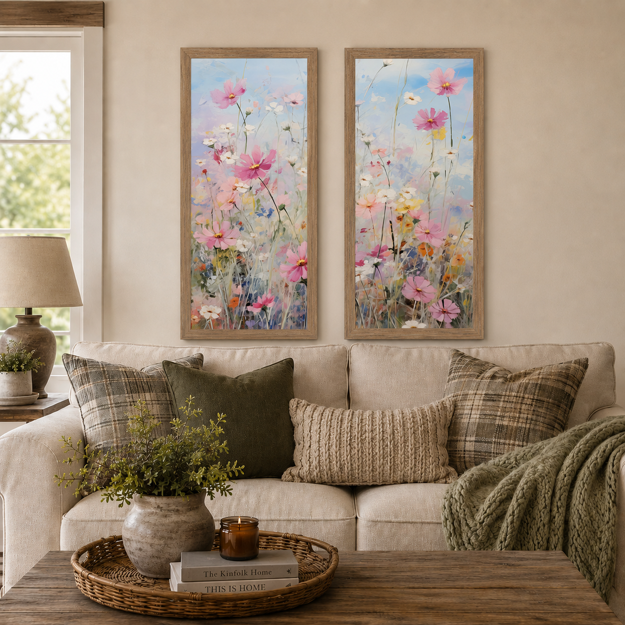 Farmhouse living room with Cosmos Meadow Left Panel SB728 and Right Panel SB729 side by side in farmtable frames above a sofa — stunning two-piece impressionist wildflower gallery wall