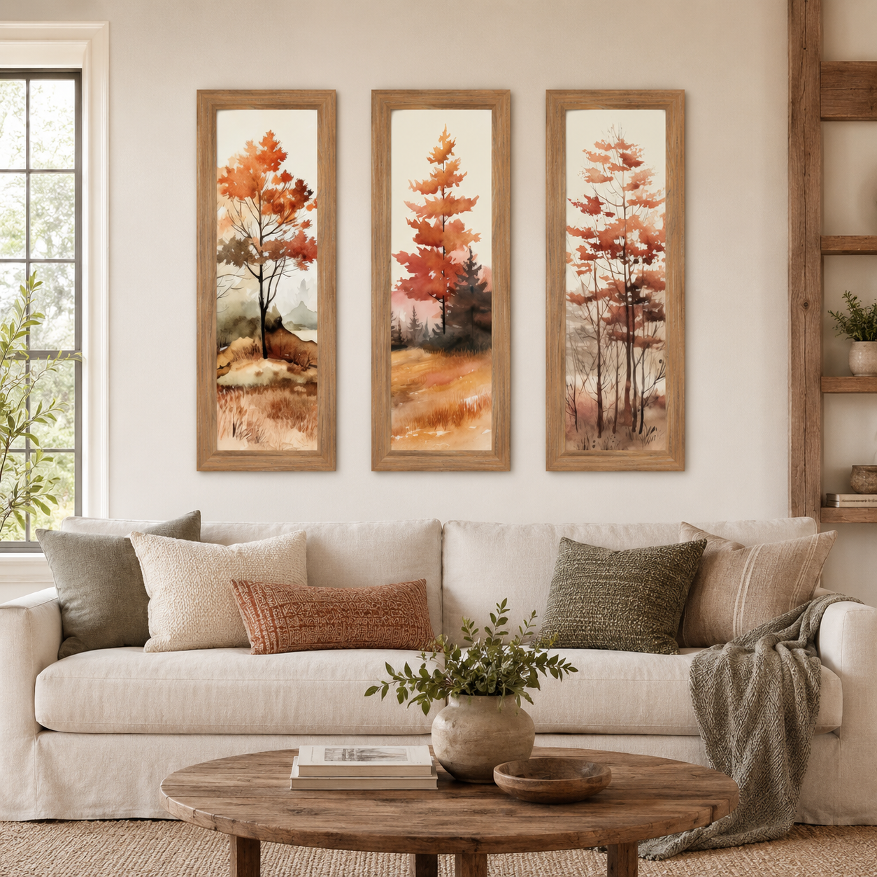 Farmtable framed narrow portrait autumn watercolor triptych wall art set featuring three fall trees displayed as an evenly spaced gallery wall above a cream linen sofa in a warm modern farmhouse living room with rust and olive pillows jute rug and wood ladder shelf (Listing is for Right Panel)