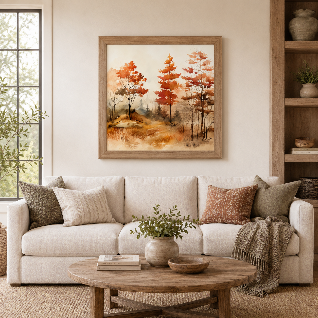 Farmtable framed square autumn watercolor forest wall art featuring three fall trees in a sweeping landscape displayed as a large statement piece above a cream linen sofa in a warm modern farmhouse living room with rust and olive pillows and round wood coffee table