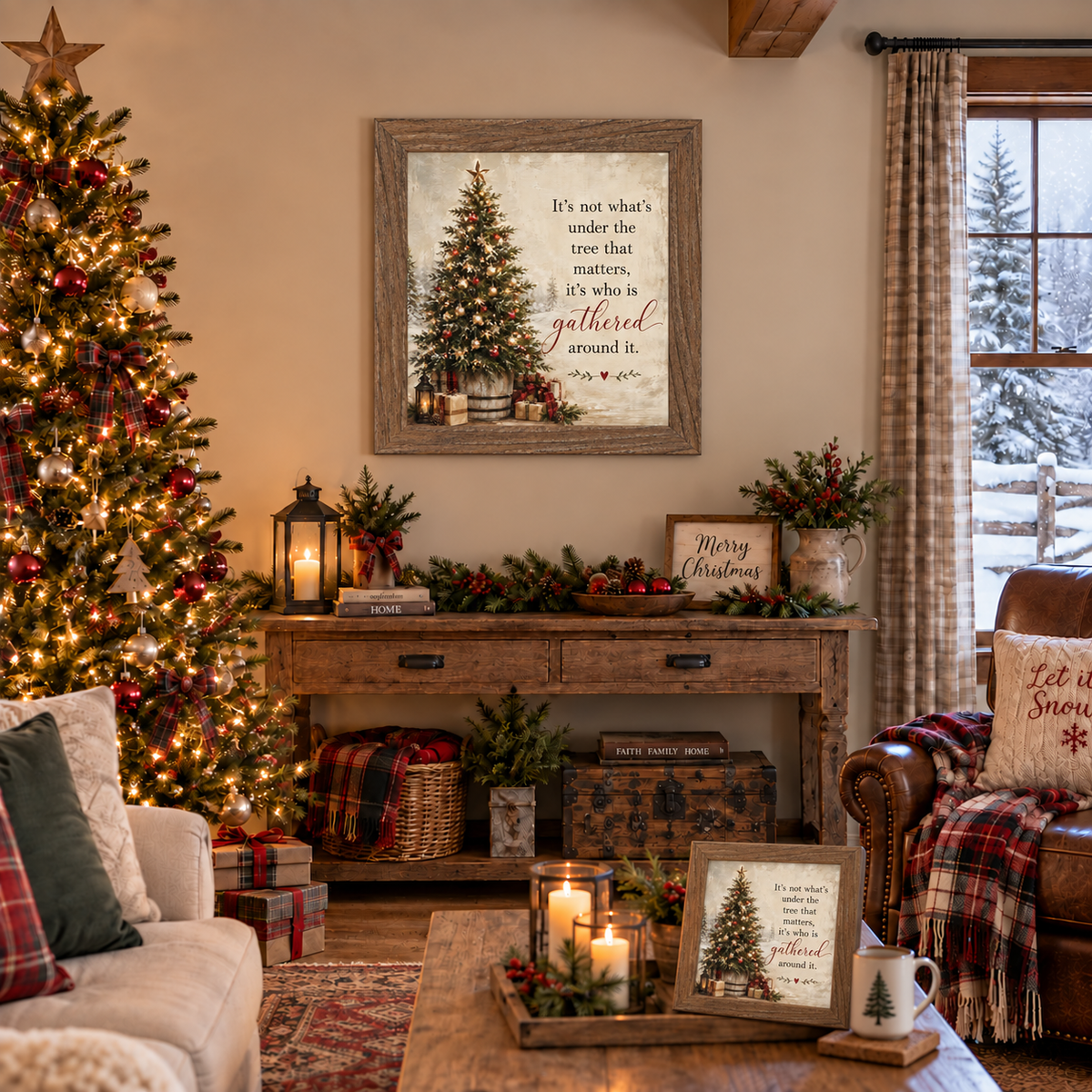 It's Not What's Under the Tree wall art in a farmtable frame above a console table beside a decorated Christmas tree