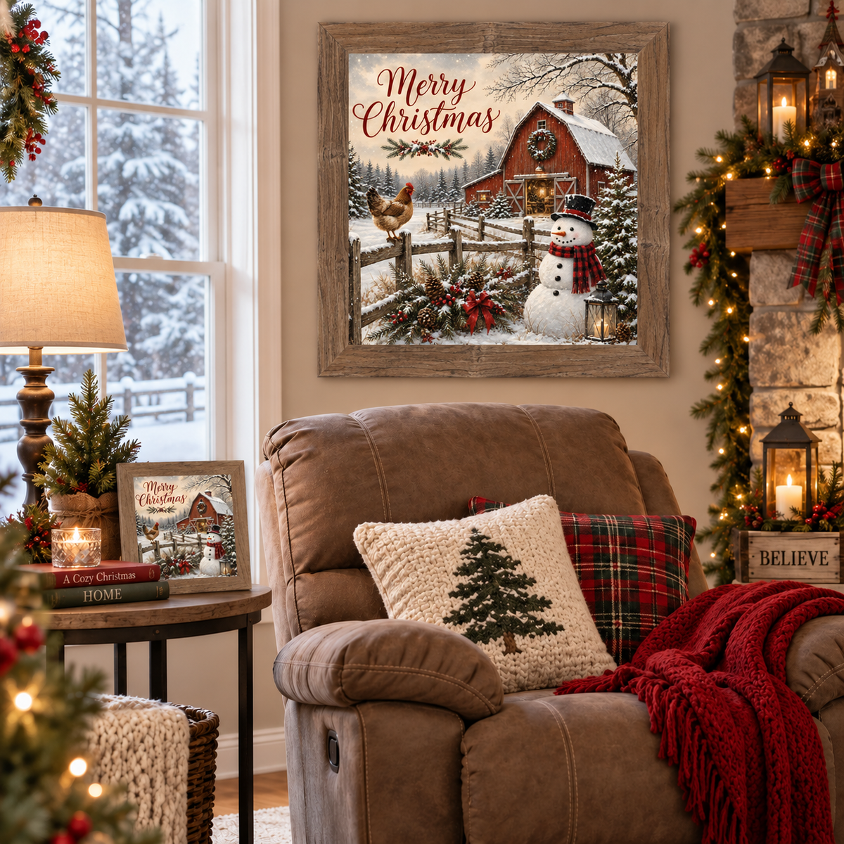 Farmtable framed "Merry Christmas" farmhouse wall art displayed above a brown recliner with knit and plaid pillows, a red chunky throw, and a matching smaller piece on a side table with candles, books, and a lit lantern near a Christmas tree