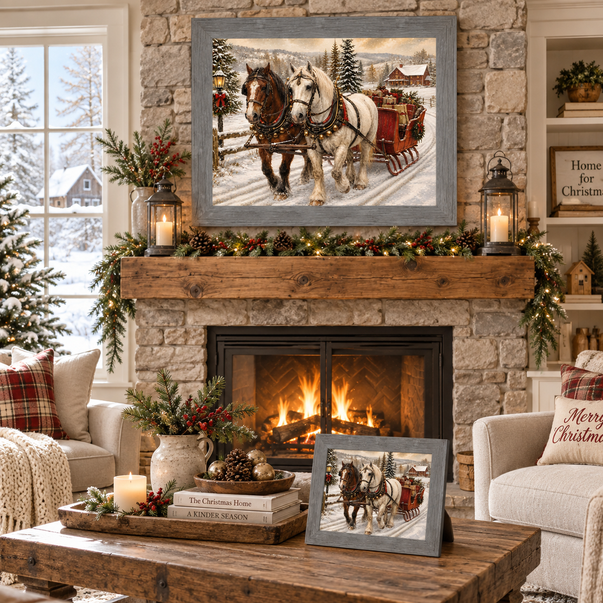 Gray framed heritage Christmas sleigh wall art displayed above a stone fireplace mantle with garland, lanterns, and candles, alongside a matching smaller piece on a wooden coffee table styled with pinecones, ornaments, and Christmas books