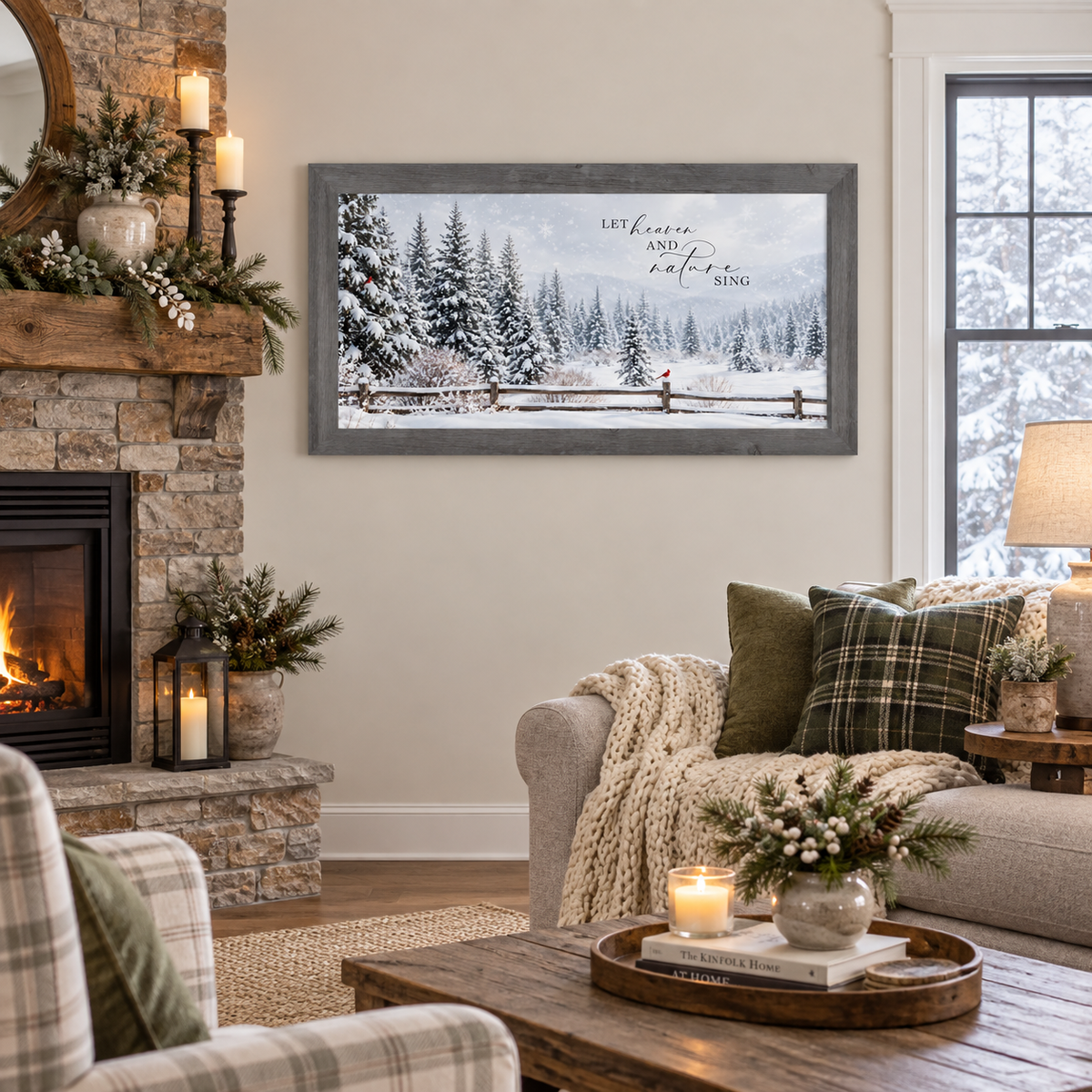 Let Heaven and Nature Sing wall art in a gray frame above a stone fireplace in a farmhouse living room