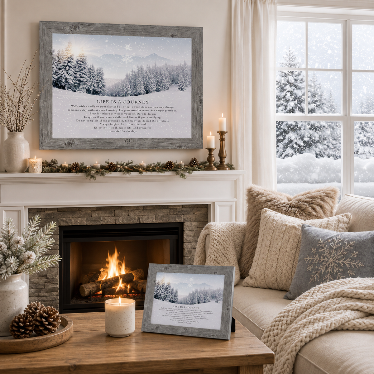 Gray framed "Life Is A Journey" winter wall art displayed above a stone fireplace mantle with a lit garland, pinecones, and candles, alongside a matching smaller piece on a wooden coffee table with a lit candle and cozy knit pillows in a snowy winter living room