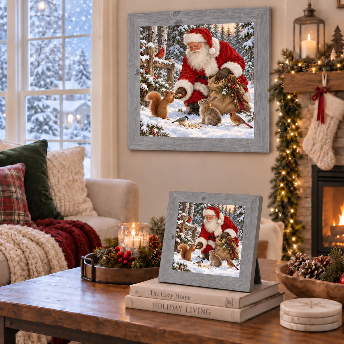 Gray framed Santa Claus Christmas wall art displayed above a coffee table styled with plaid and velvet pillows, a garland-draped mantle with lit stockings, and a matching smaller piece resting on stacked holiday books