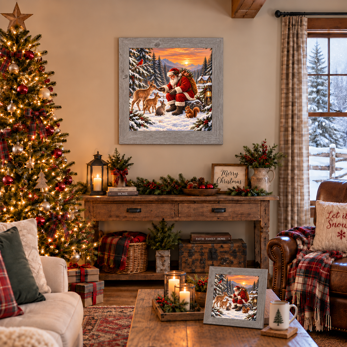 Santa feeding forest animals wall art in a gray frame above a console table beside a decorated Christmas tree