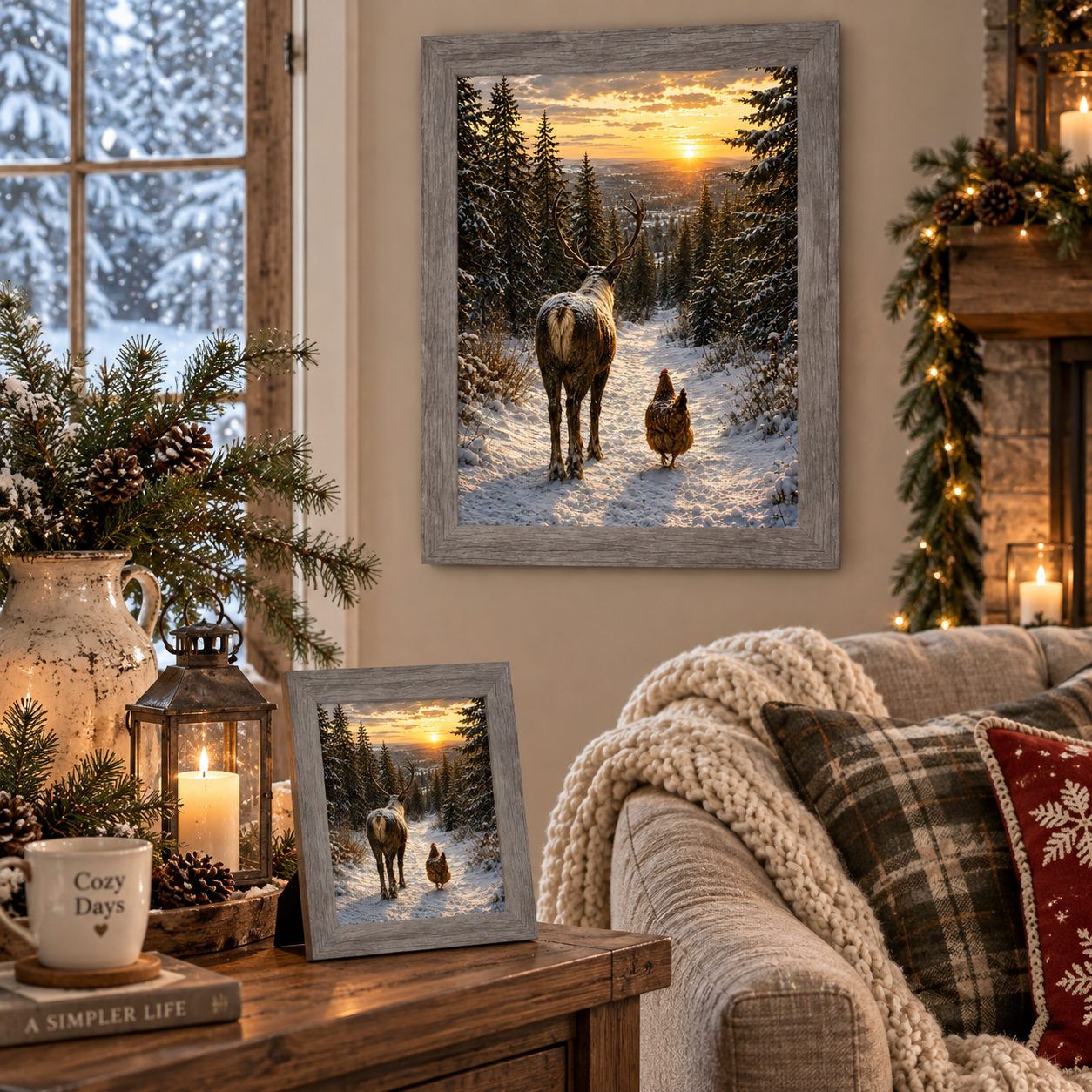 Gray framed winter wall art of a stag and hen walking through snow at sunset displayed above a side table with a lantern, pine branches, and a mug, beside a cozy sofa with plaid and snowflake pillows and a chunky knit throw