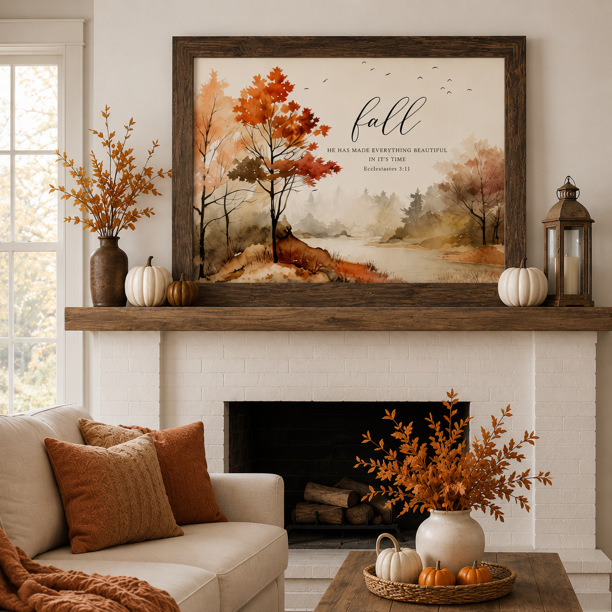 Farmhouse living room with Fall Ecclesiastes 3:11 wall art SB249 in a Natural Brown frame above a white brick fireplace mantle decorated with pumpkins and autumn branches
