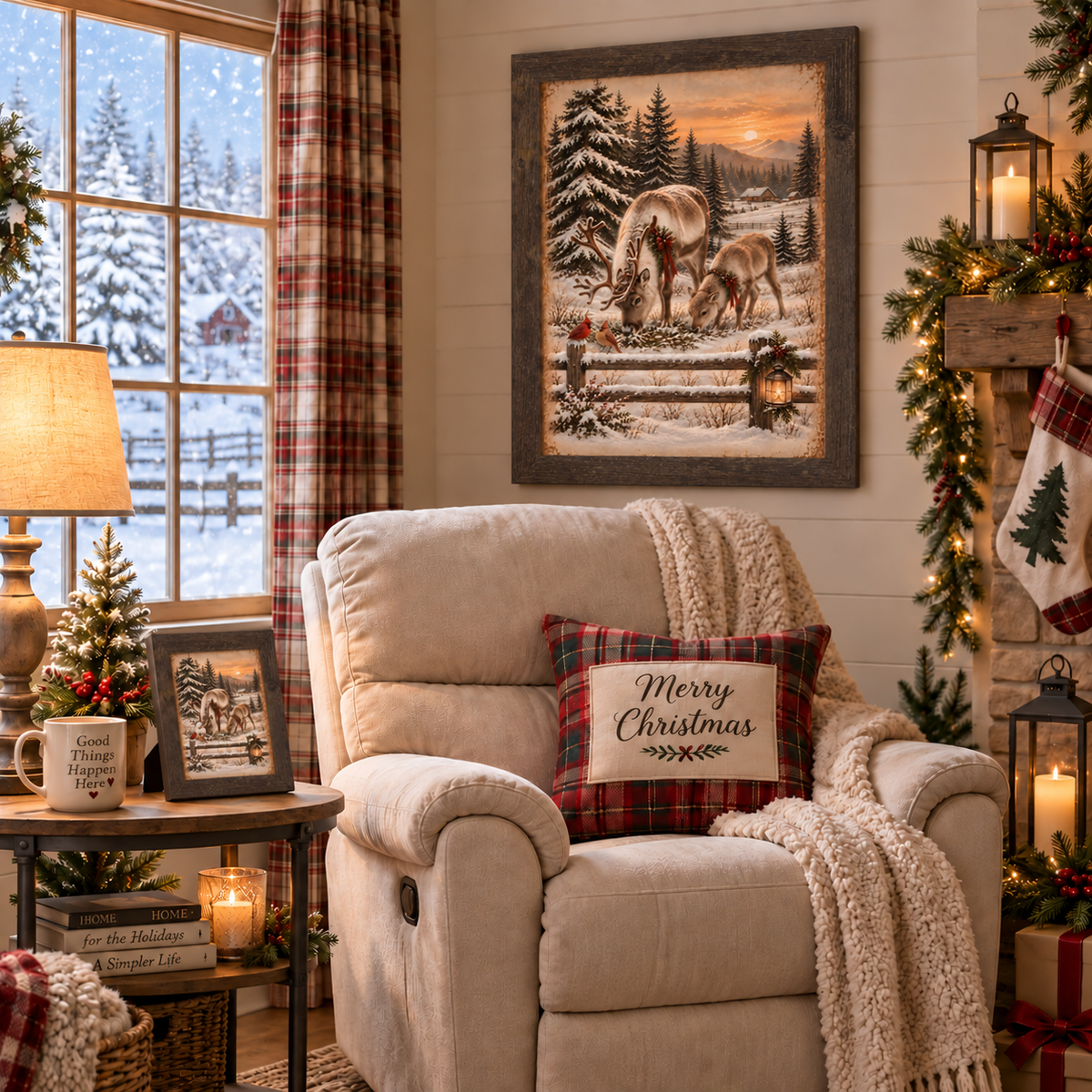 Reindeer and cardinals wall art in a natural brown frame above a Christmas armchair with plaid pillow accents