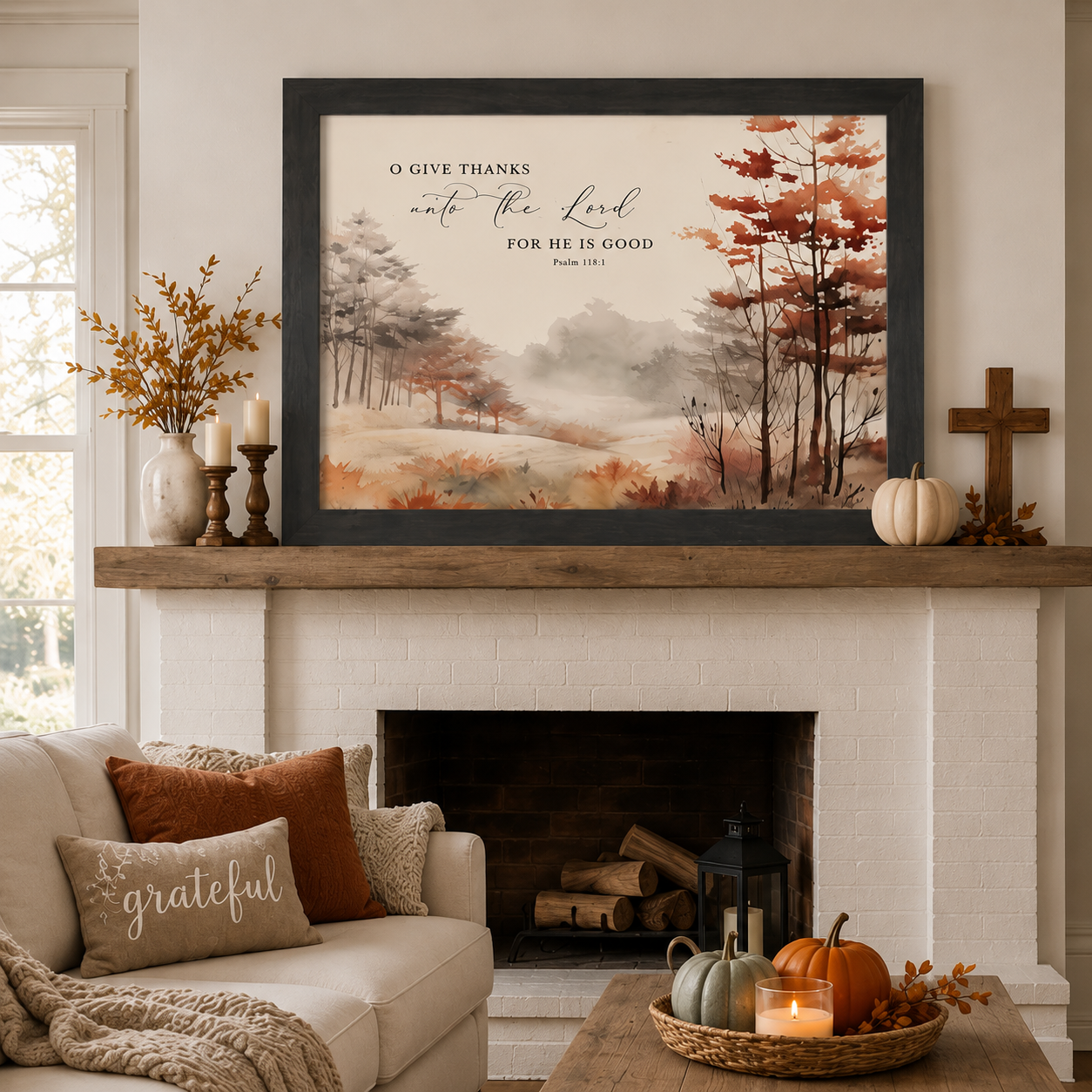 Christian farmhouse living room with O Give Thanks Unto the Lord Psalm 118:1 wall art SB250 in a Slatewood Frame above a white brick fireplace mantle with a wooden cross and white pumpkin