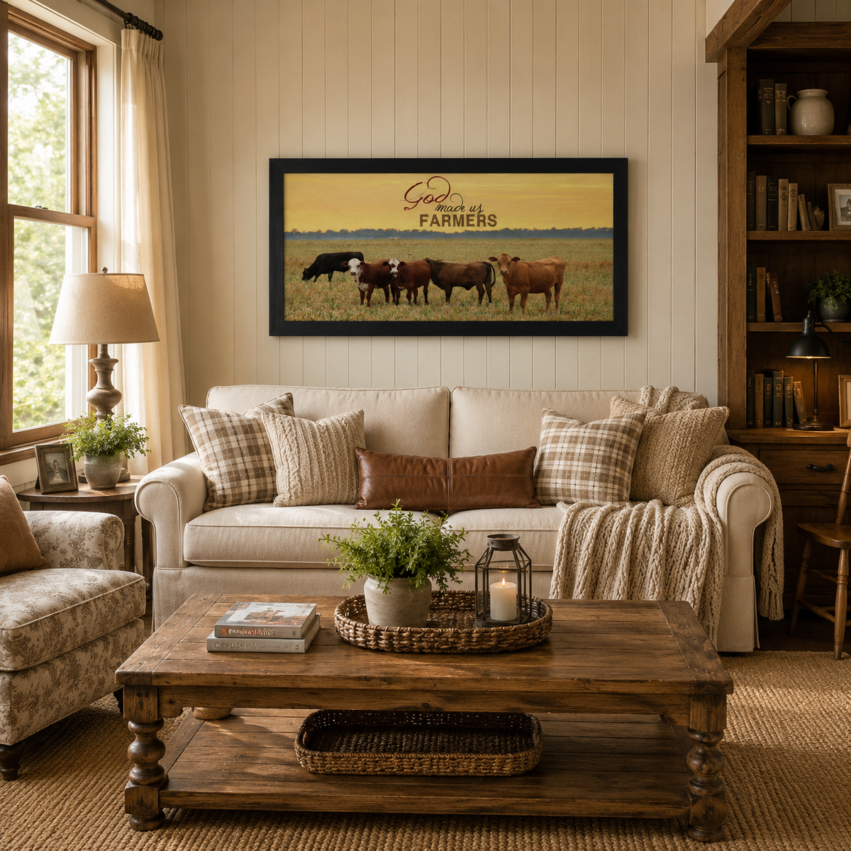 Black framed wide panoramic farmhouse wall art featuring God Made Us Farmers with cattle grazing in a golden sunset field displayed as a large 40x20 statement piece above a cream sofa in a cozy farmhouse living room with plaid pillows jute rug and shiplap walls